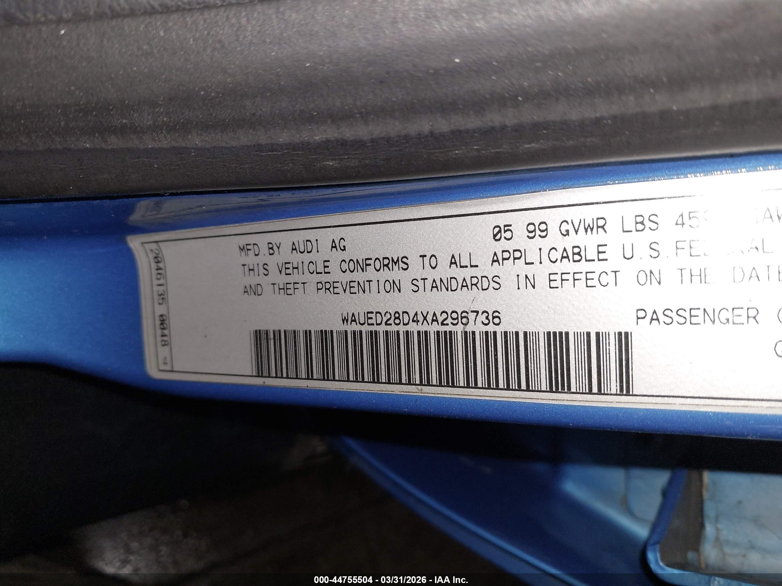 1999 Audi A4 2.8 Blue vin: WAUED28D4XA296736