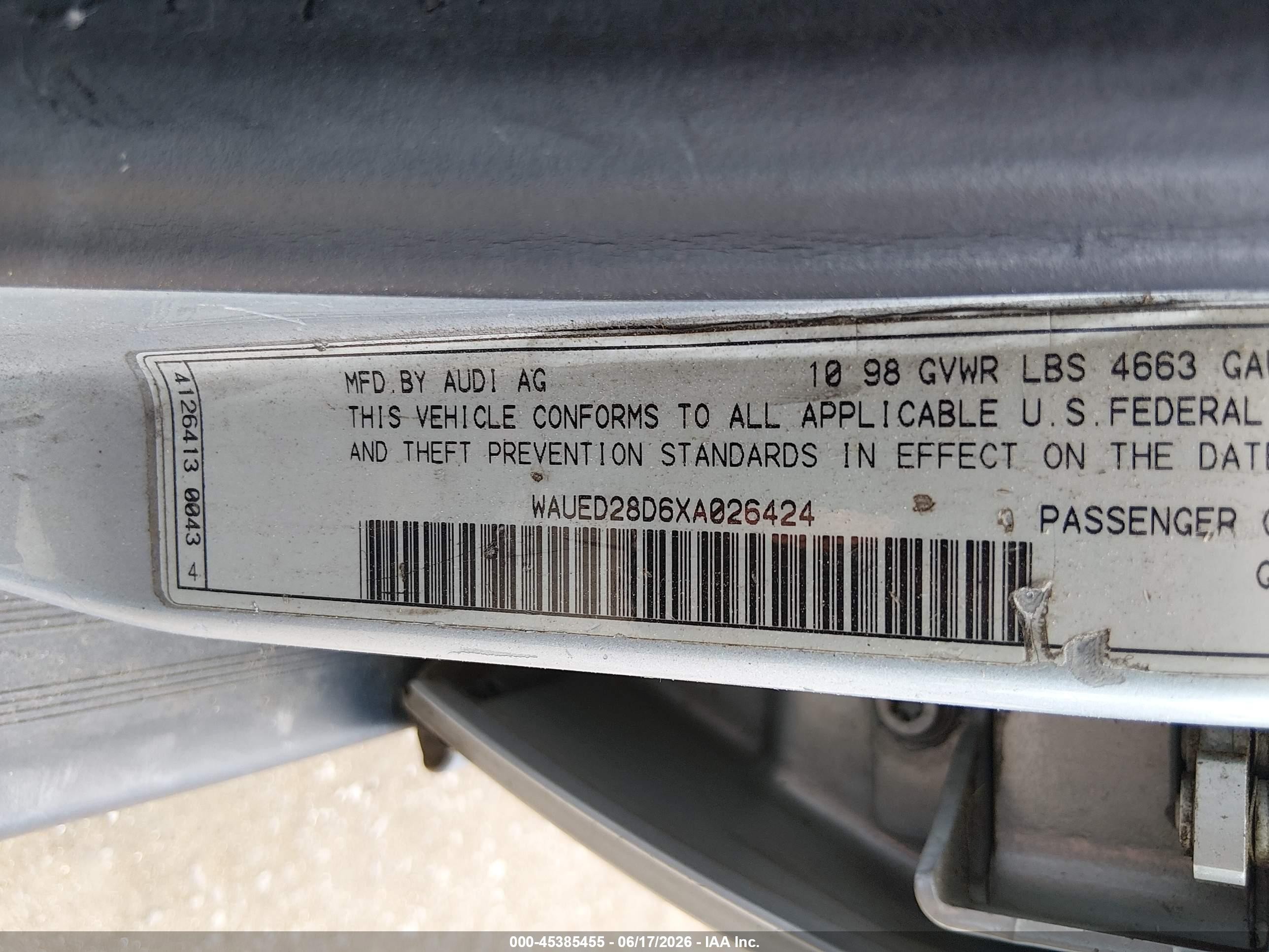 1999 Audi A4 2.8 Серебряный vin: WAUED28D6XA026424