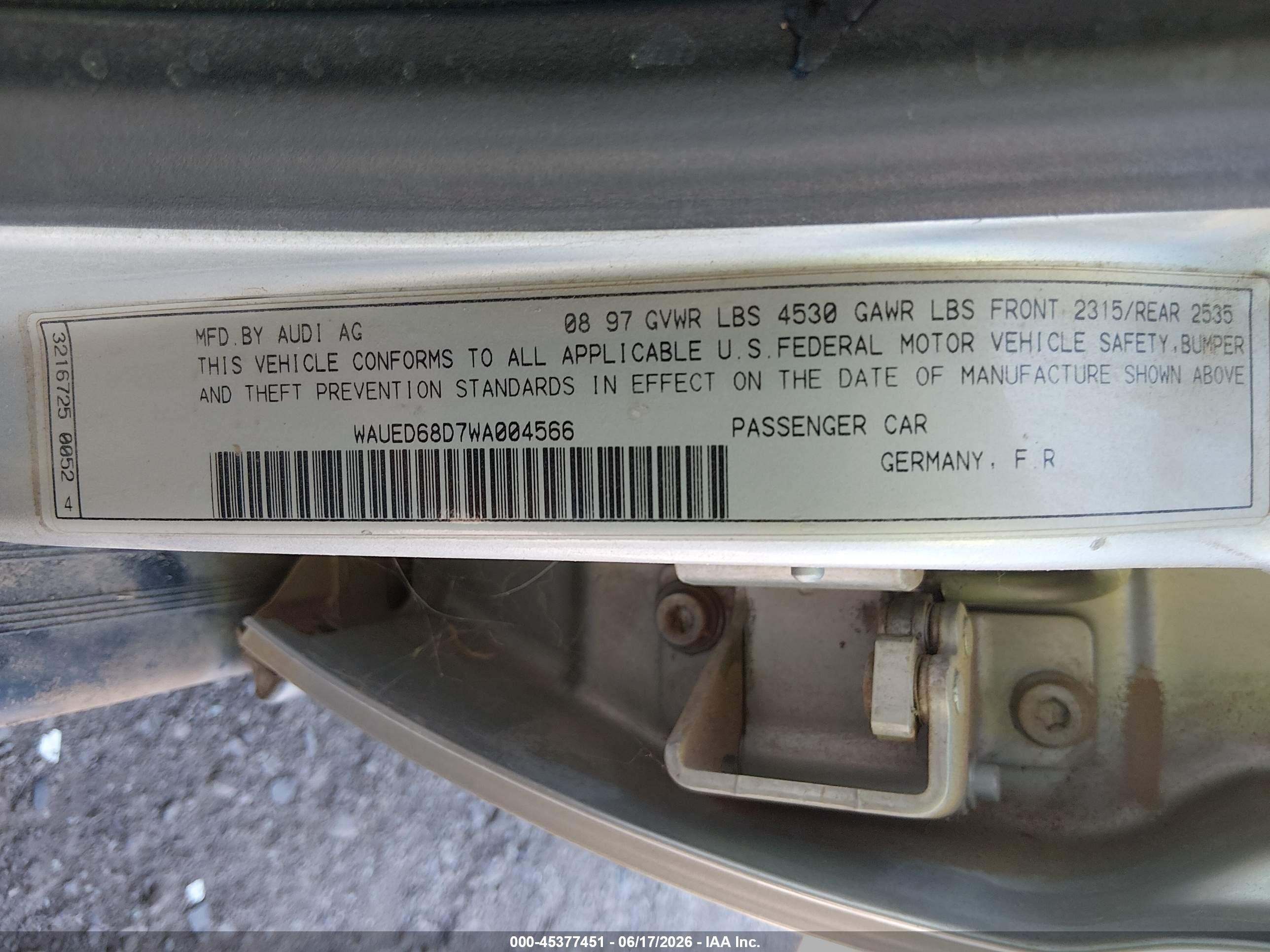 1998 Audi A4 2.8 (a5) Quattro/2.8 (m5) Quattro Silver vin: WAUED68D7WA004566