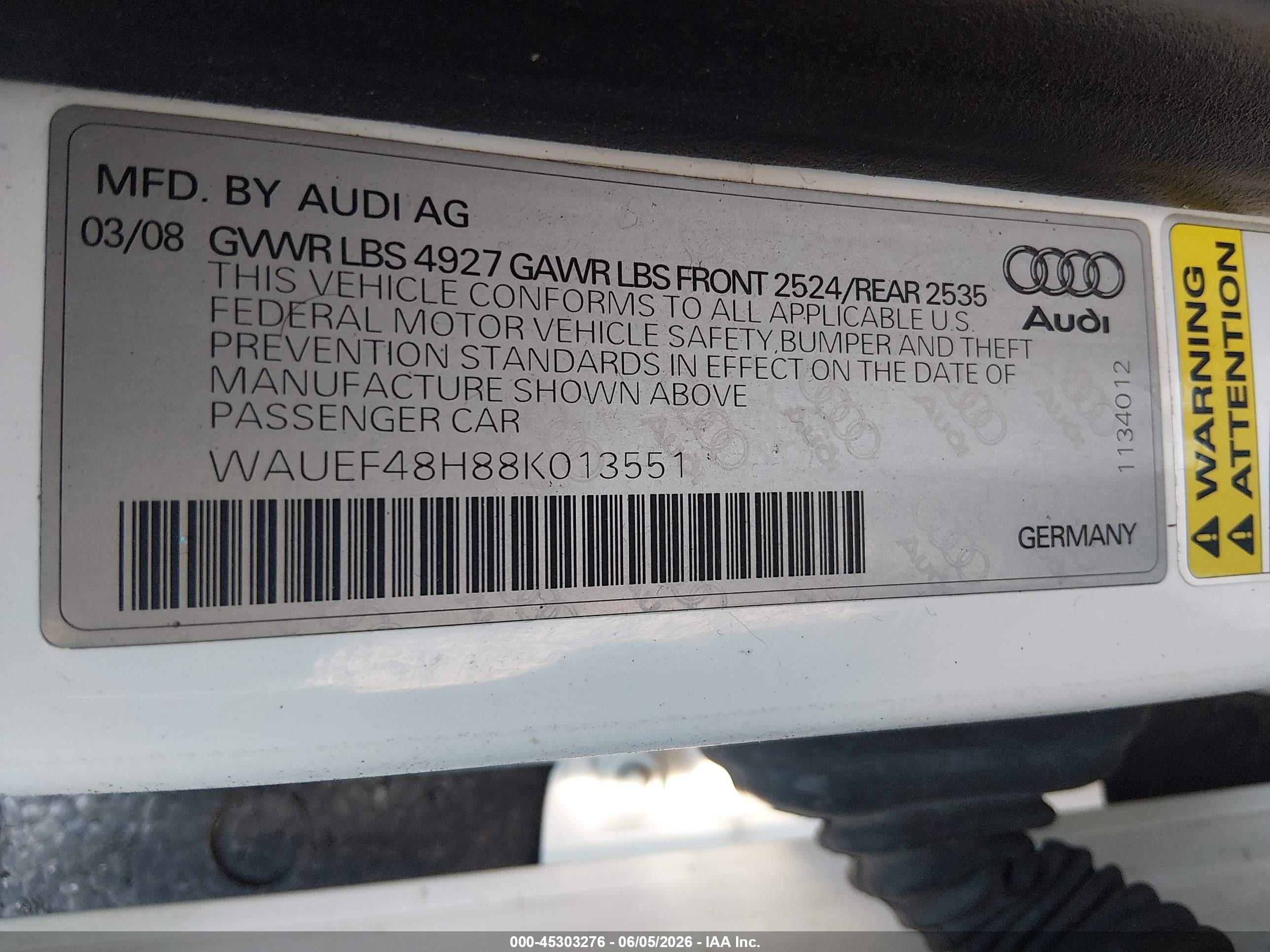2008 Audi A4 2.0t White vin: WAUEF48H88K013551