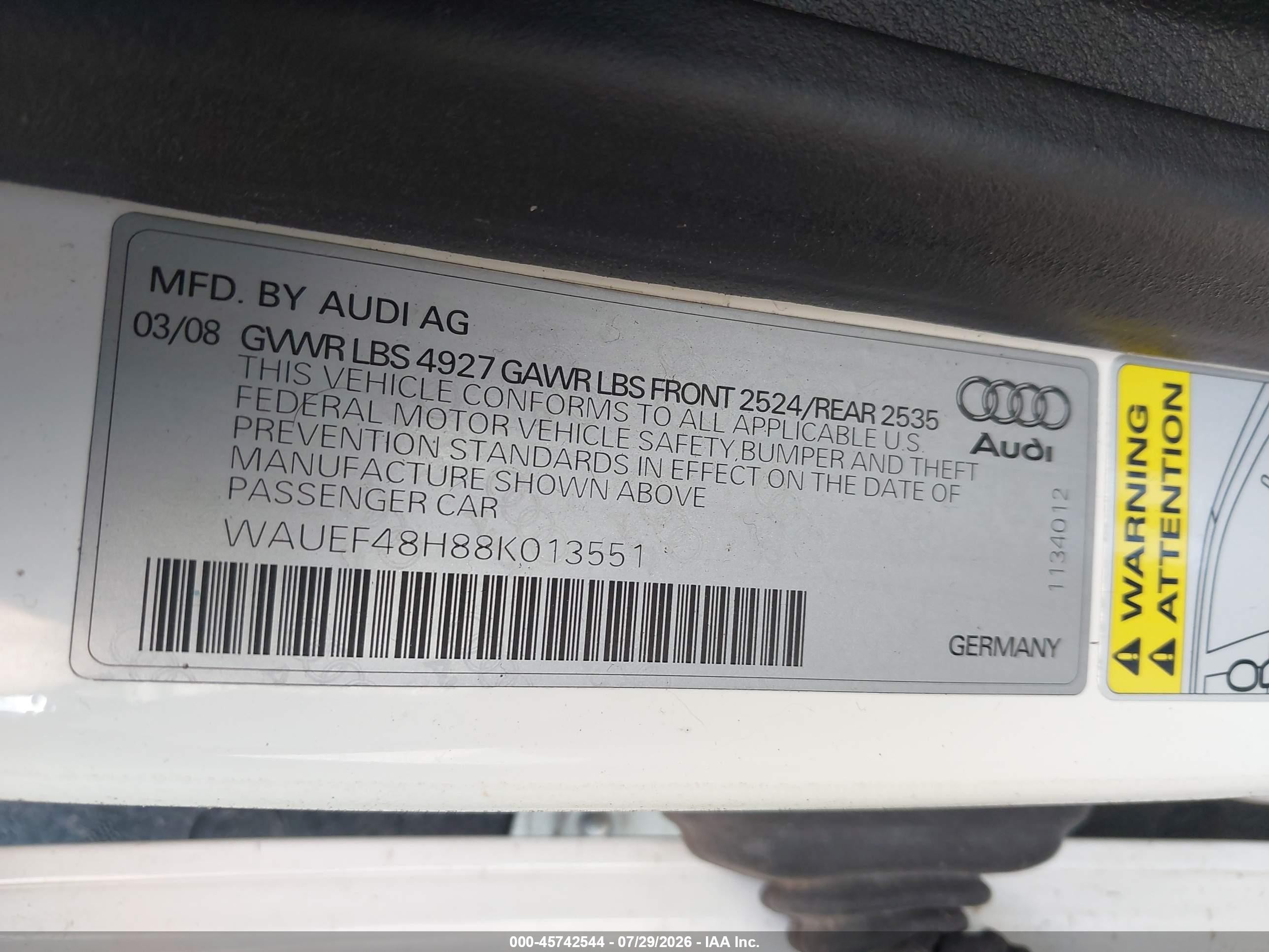 2008 Audi A4 2.0t White vin: WAUEF48H88K013551