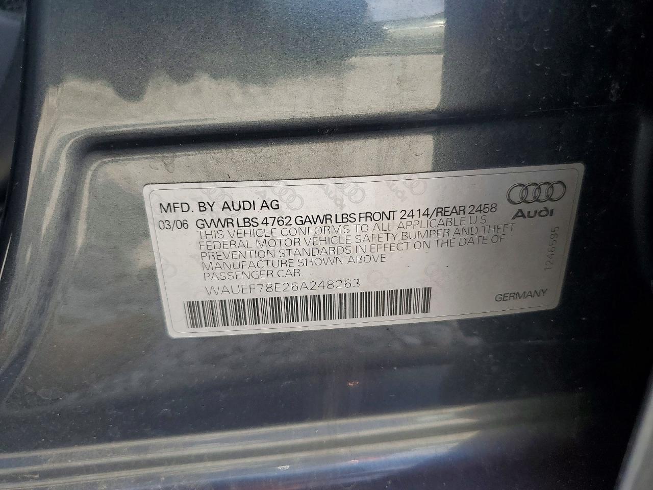 2006 Audi A4 S-line 2.0t Quattro Turbo Серый vin: WAUEF78E26A248263