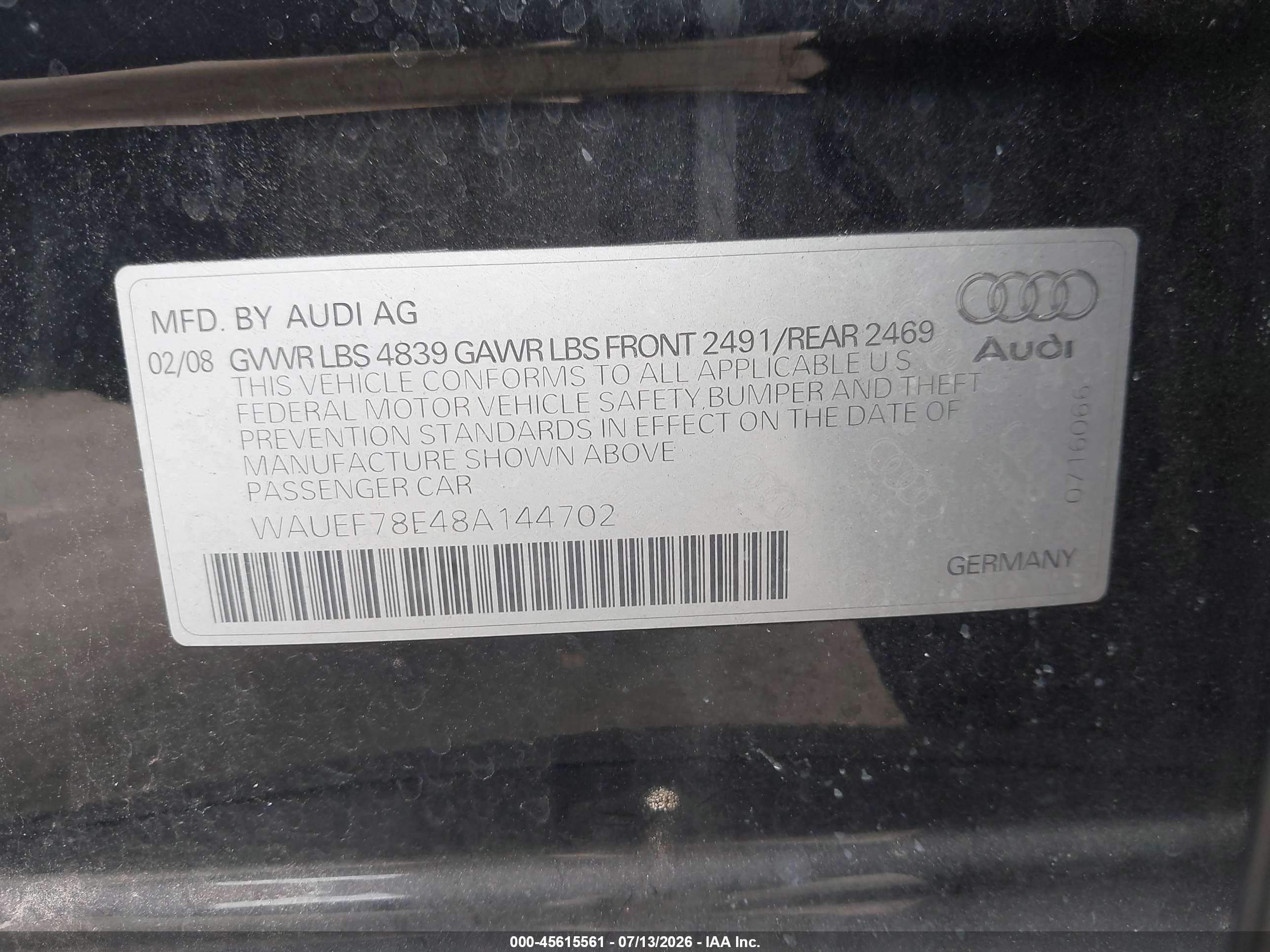 2008 Audi A4 2.0t/2.0t Special Edition Black vin: WAUEF78E48A144702