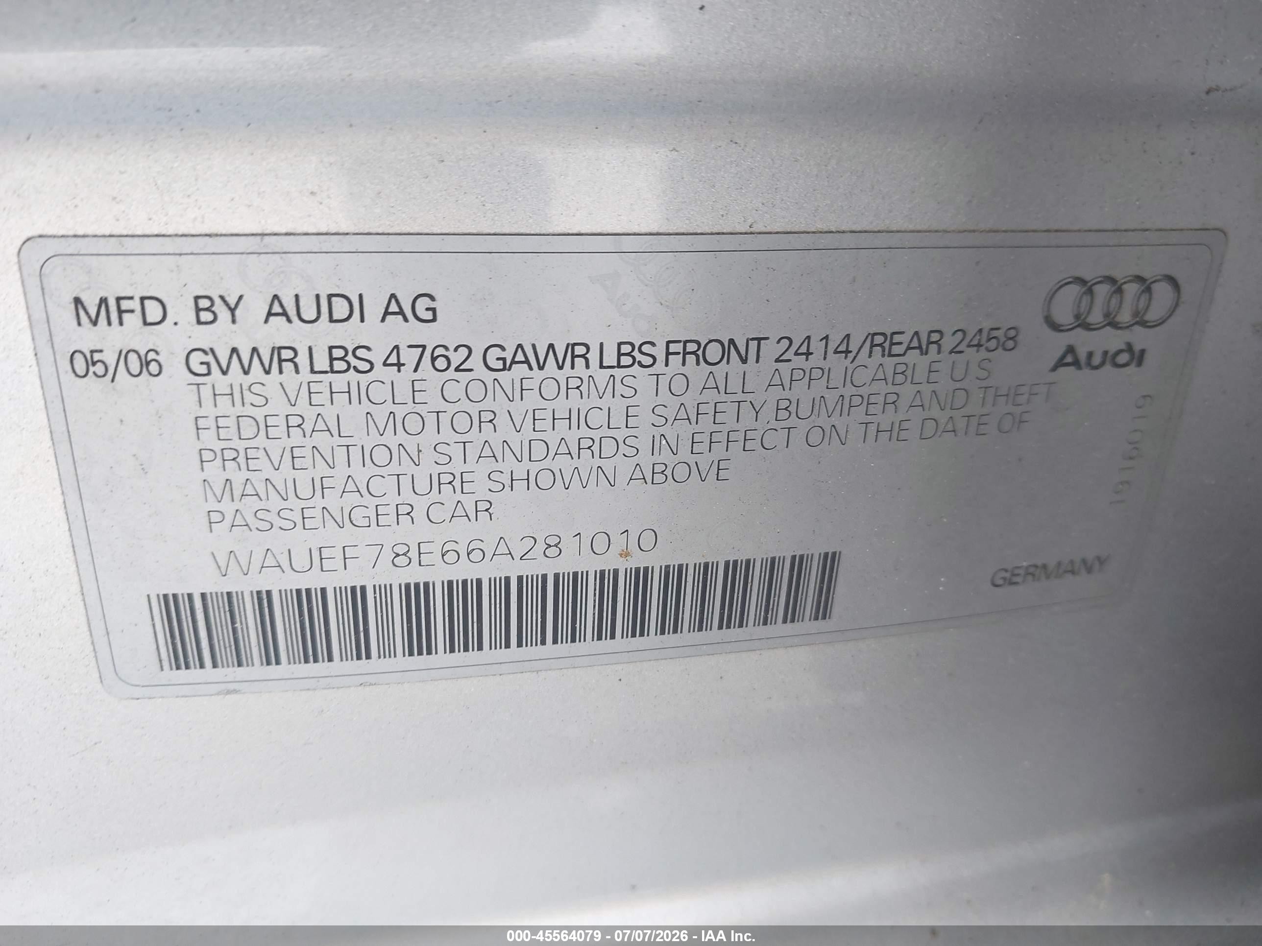2006 Audi A4 2.0t Silver vin: WAUEF78E66A281010