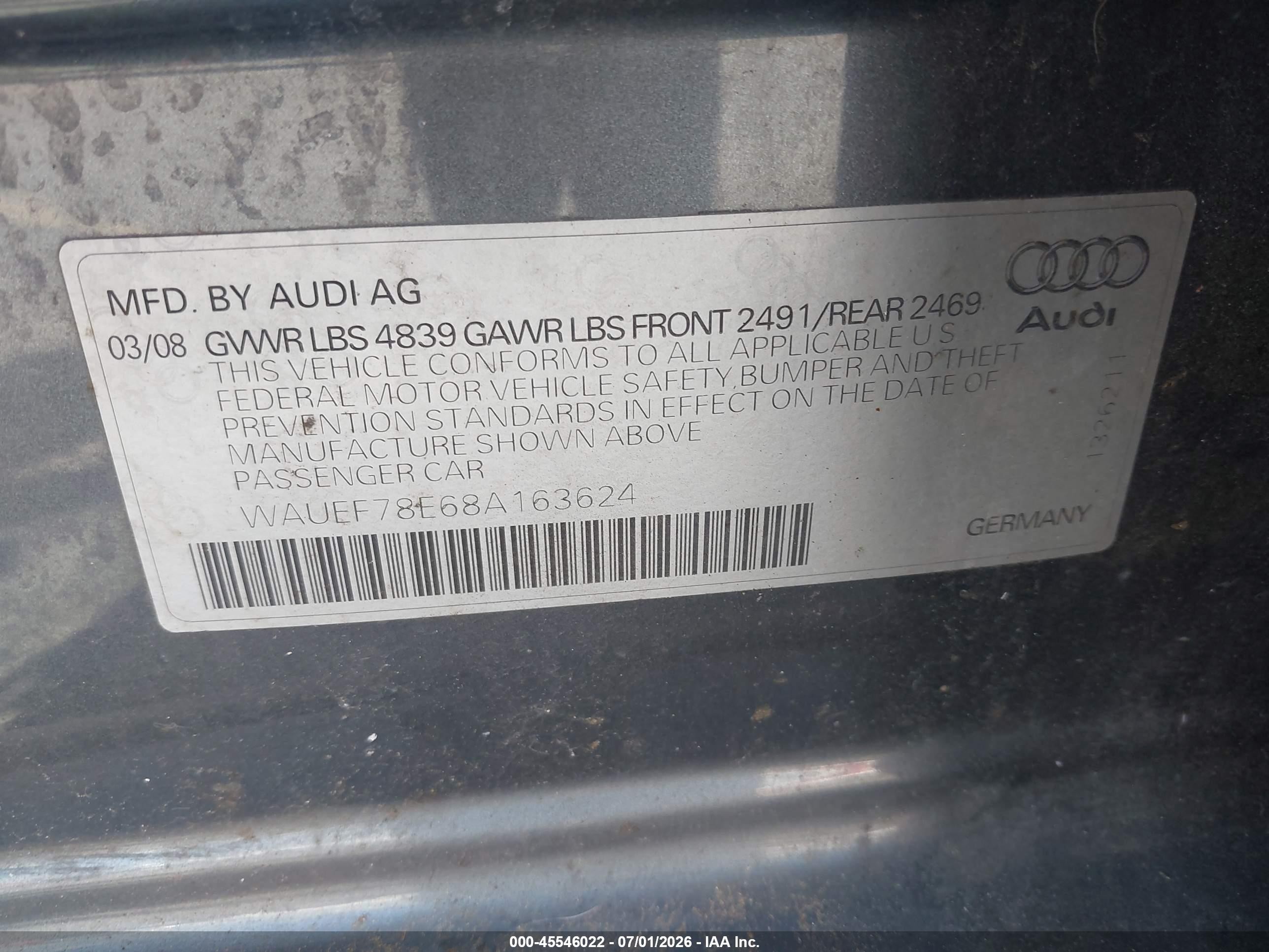 2008 Audi A4   Blue vin: WAUEF78E68A163624