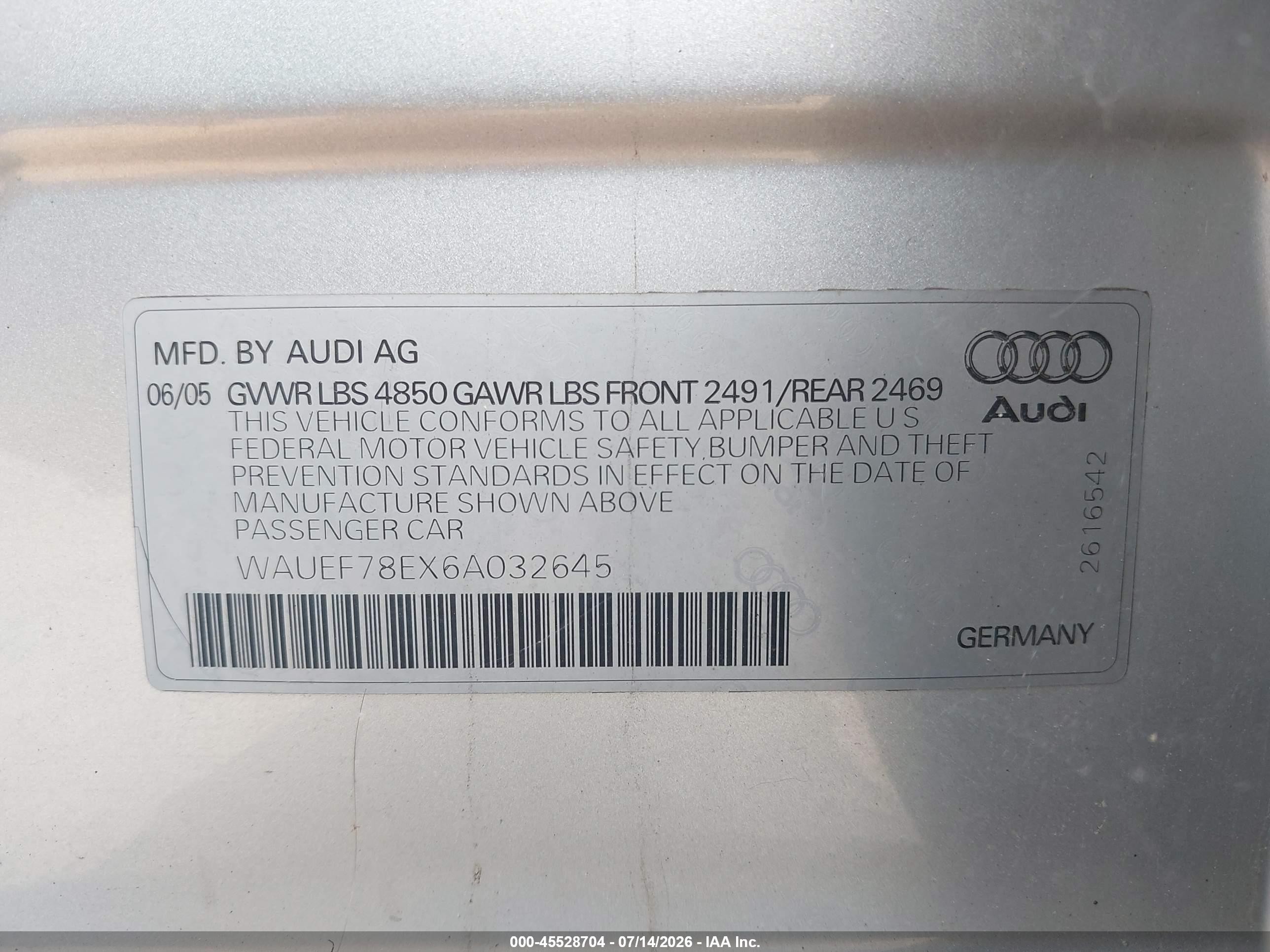 2006 Audi A4 2.0t Silver vin: WAUEF78EX6A032645