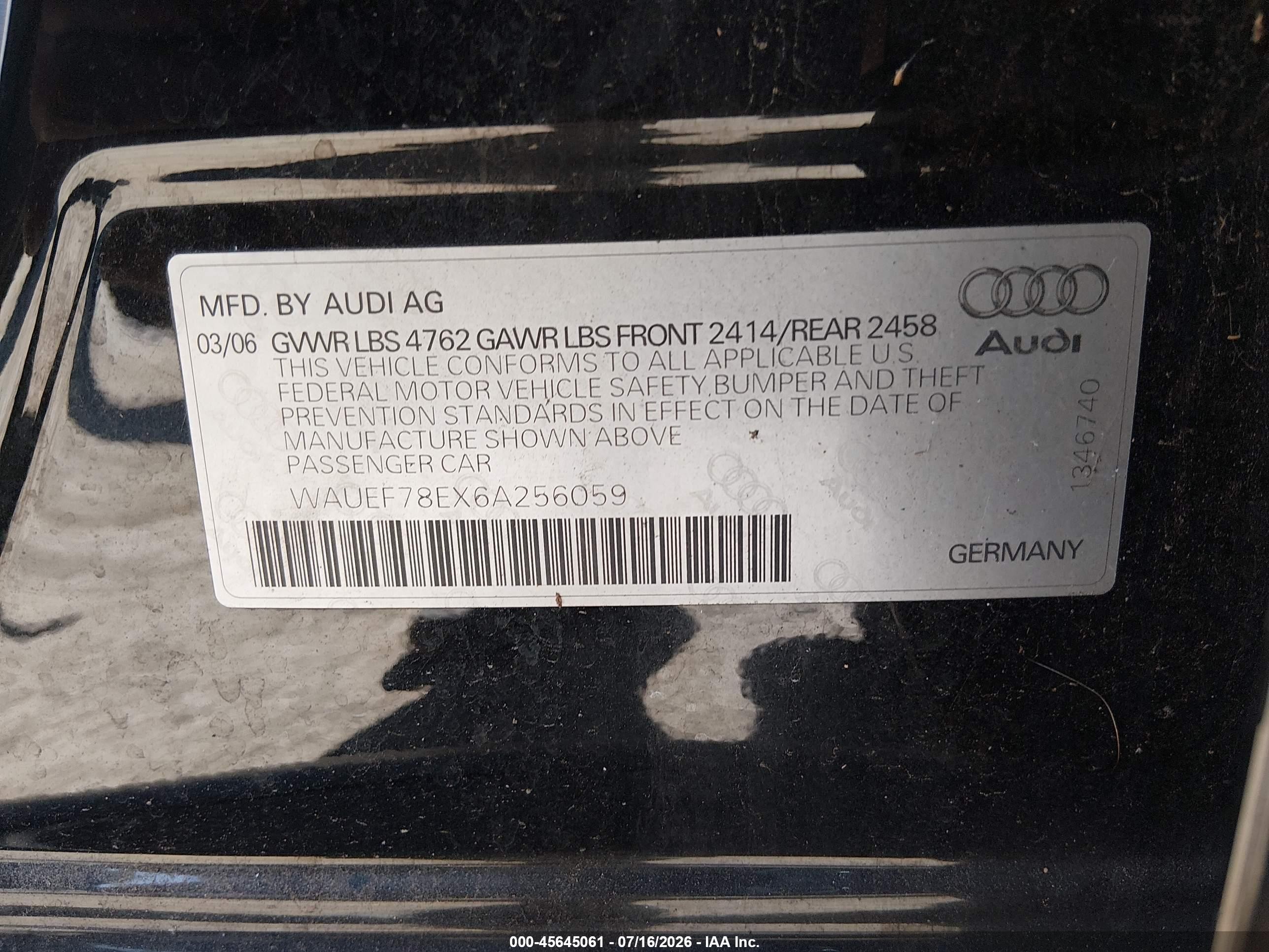 2006 Audi A4 2.0t Black vin: WAUEF78EX6A256059