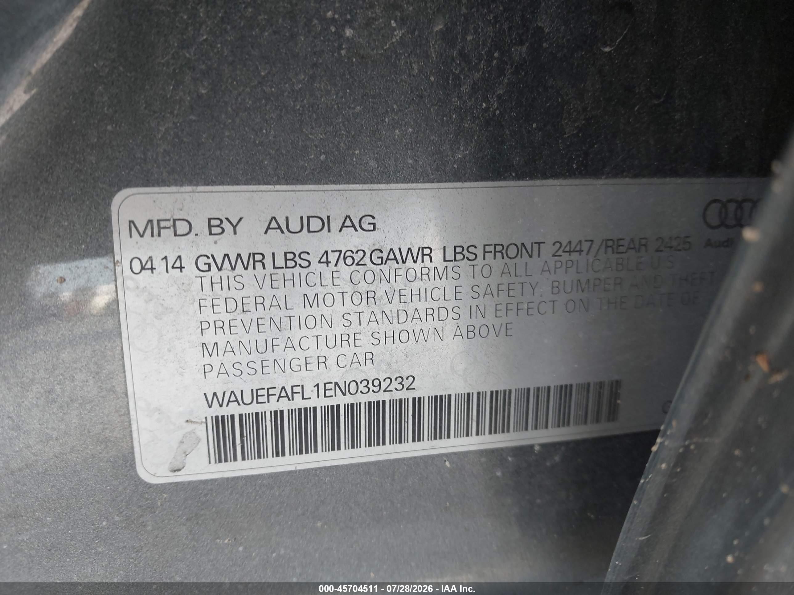 2014 Audi A4 2.0t Premium Gray vin: WAUEFAFL1EN039232