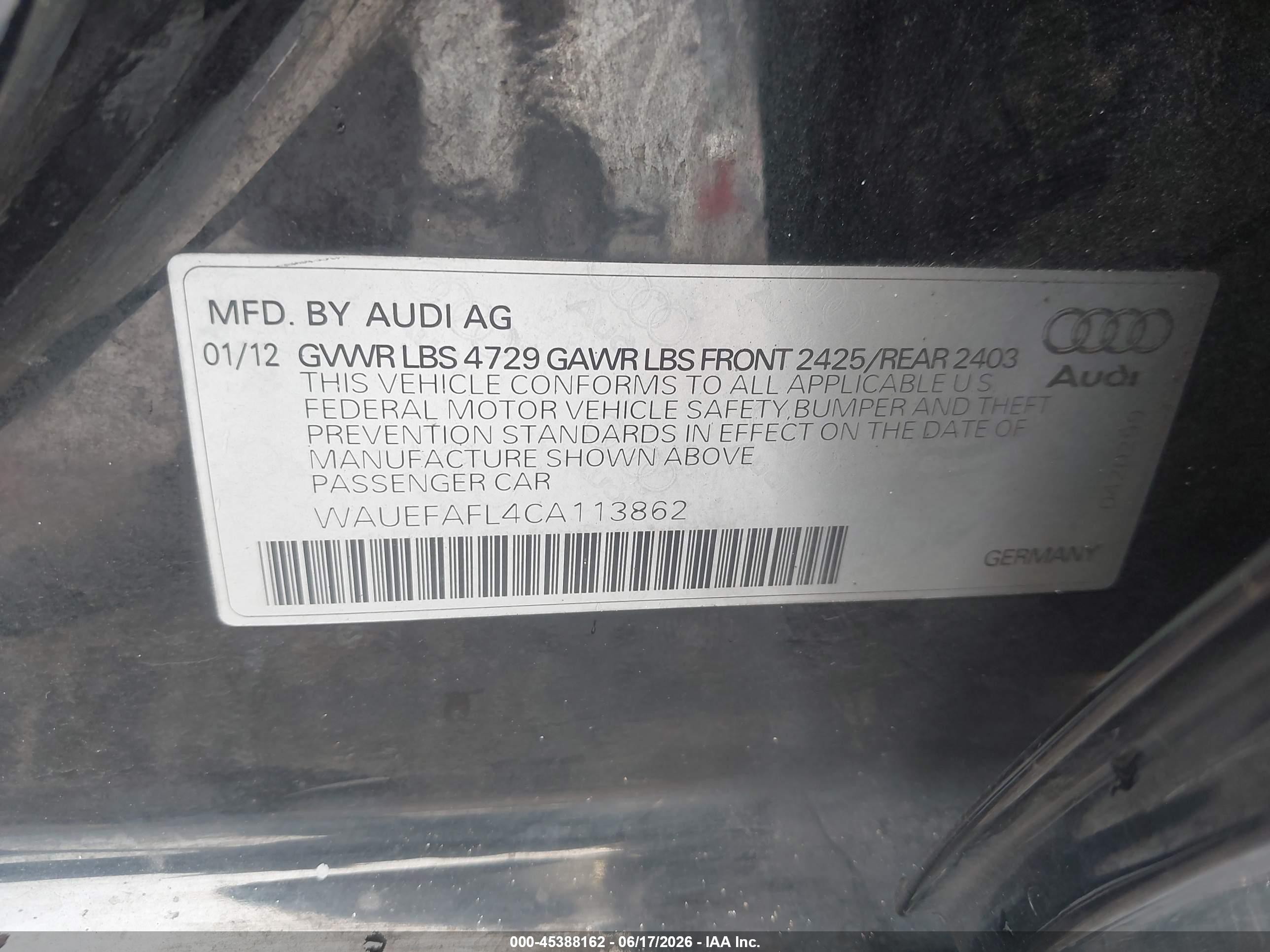 2012 Audi A4 2.0t Premium Plus Black vin: WAUEFAFL4CA113862