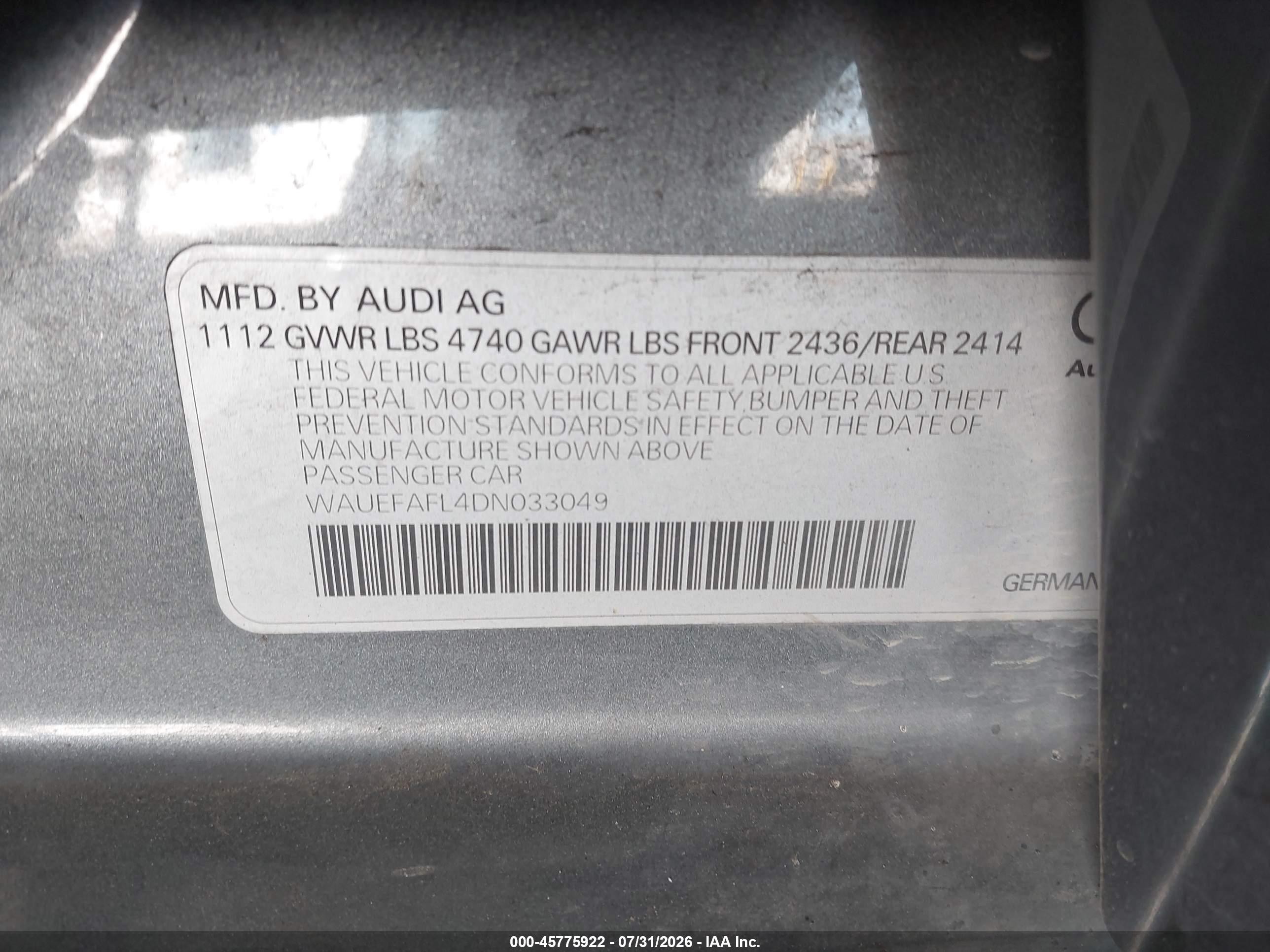 2013 Audi A4 2.0t Premium Gray vin: WAUEFAFL4DN033049