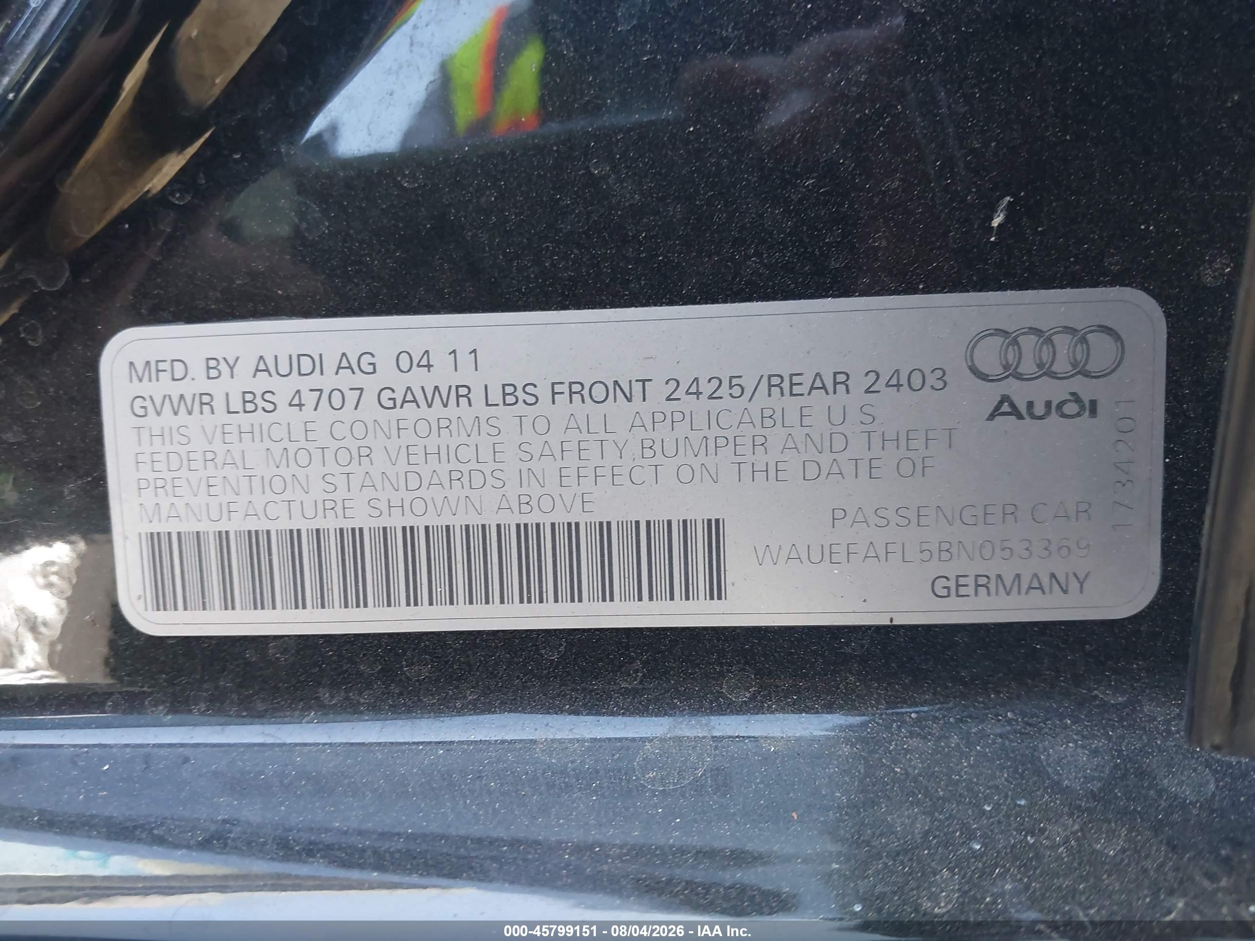 2011 Audi A4 2.0t Premium Plus Black vin: WAUEFAFL5BN053369