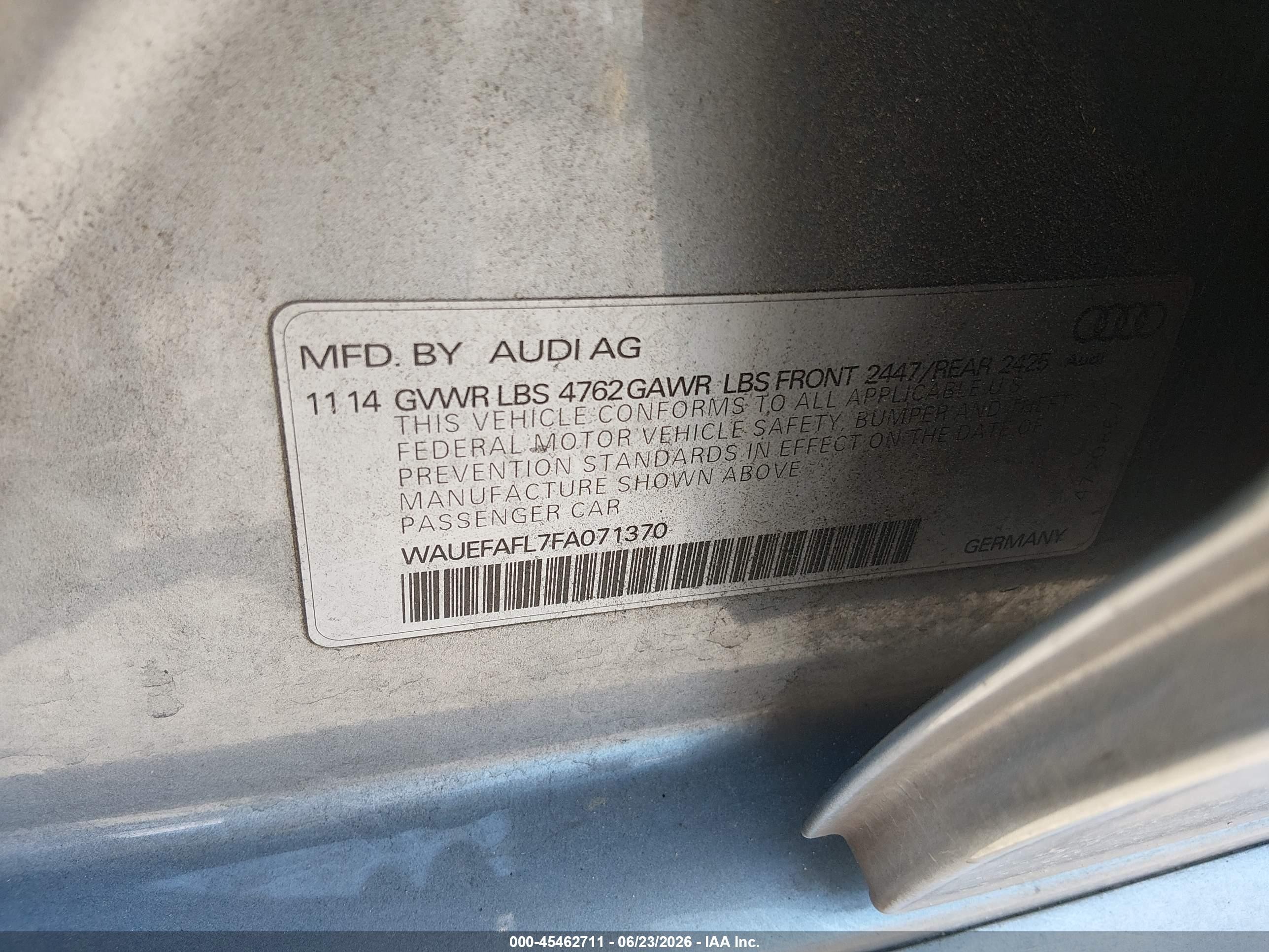 2015 Audi A4 2.0t Premium Silver vin: WAUEFAFL7FA071370
