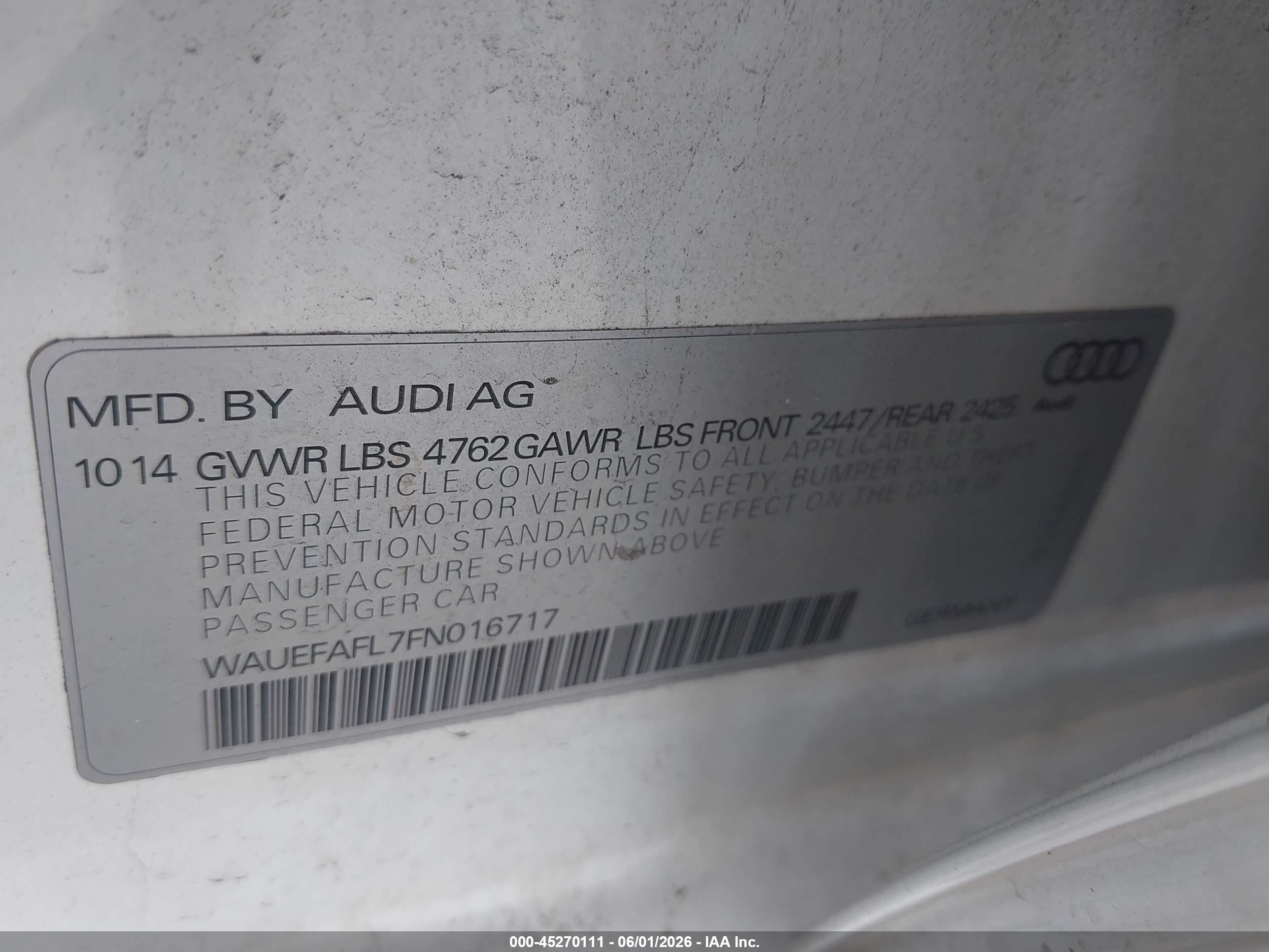 2015 Audi A4 2.0t Premium White vin: WAUEFAFL7FN016717