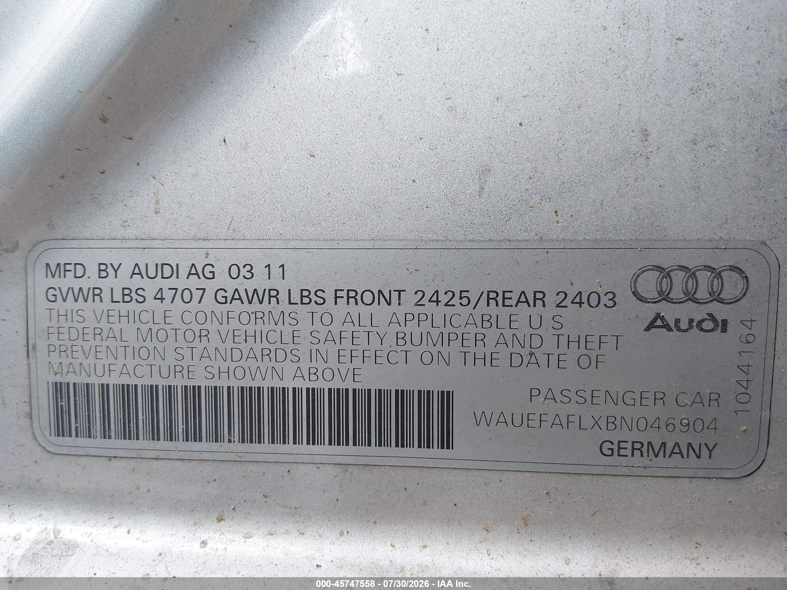 2011 Audi A4 2.0t Premium Plus Silver vin: WAUEFAFLXBN046904