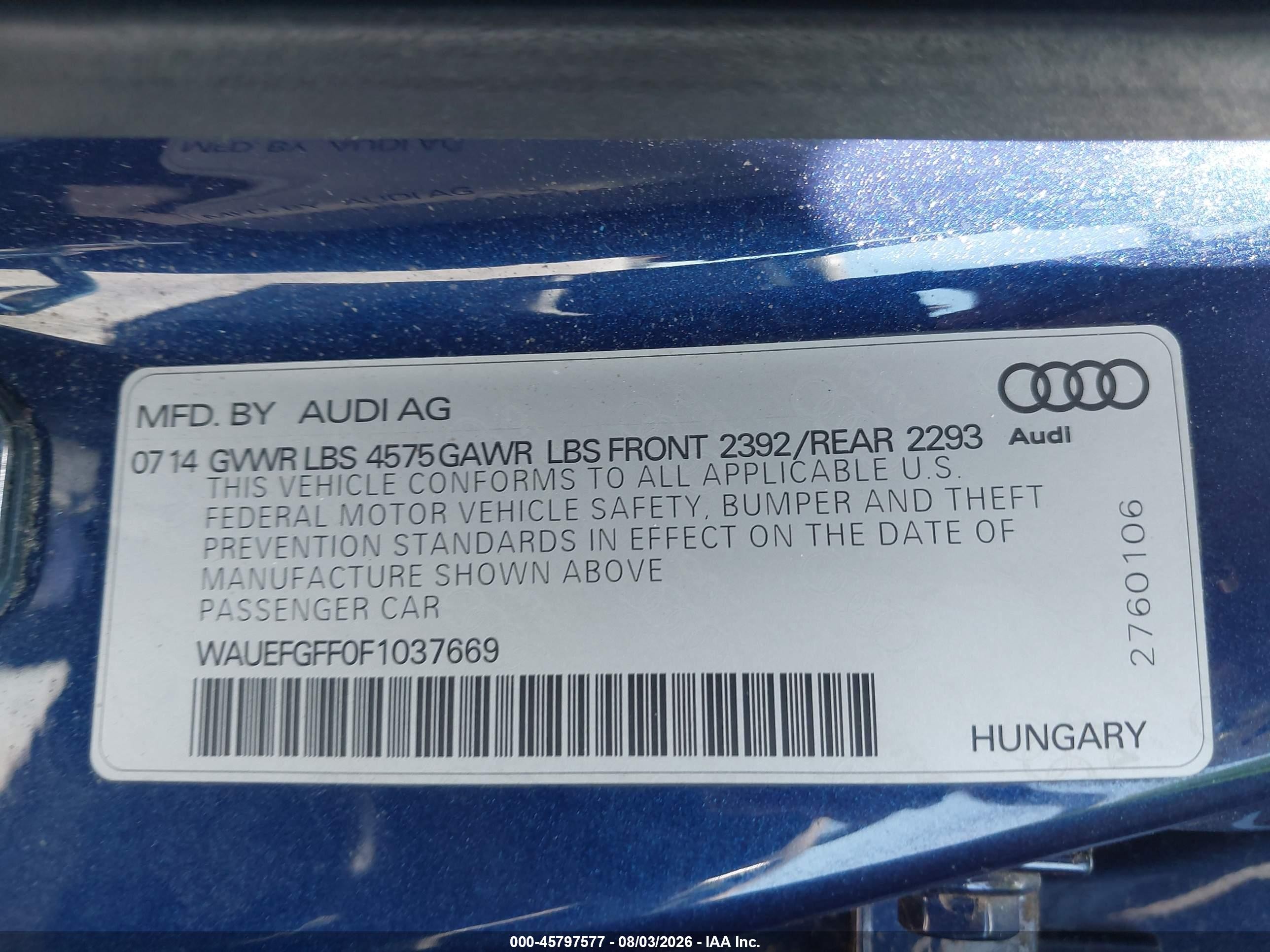 2015 Audi A3 2.0t Premium Blue vin: WAUEFGFF0F1037669