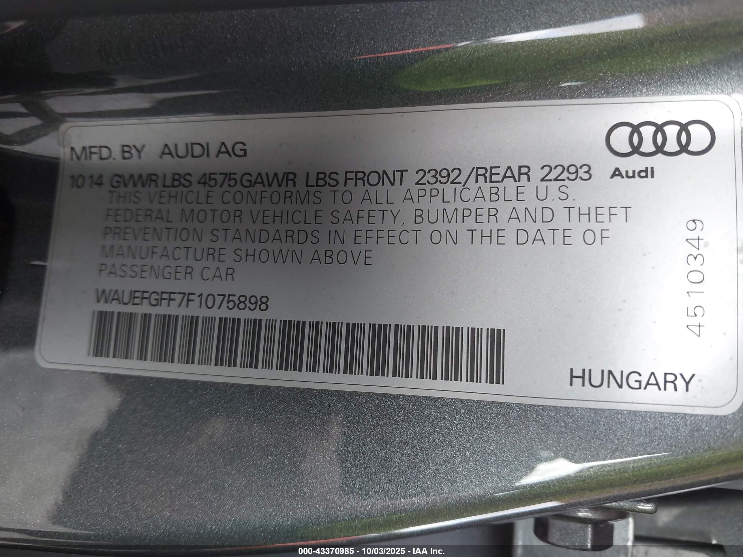 2015 Audi A3 2.0t Premium Gray vin: WAUEFGFF7F1075898