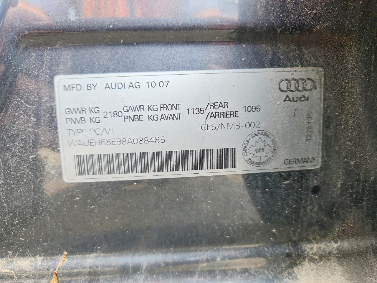 2008 Audi A4 S-line 3.2 Quattro Gray vin: WAUEH68E98A088485