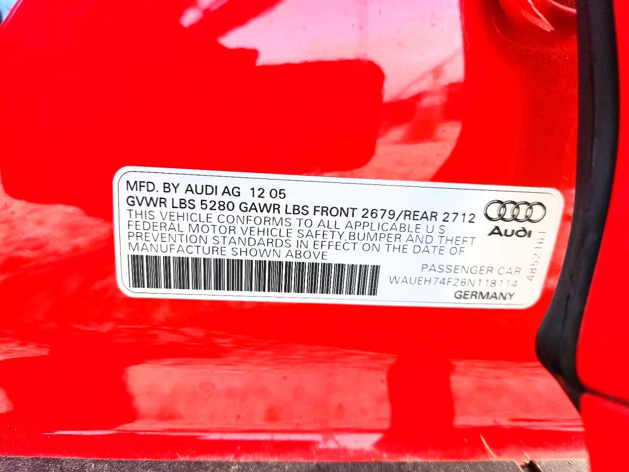 2006 Audi A6 S-line 3.2 Quattro Red vin: WAUEH74F26N118114