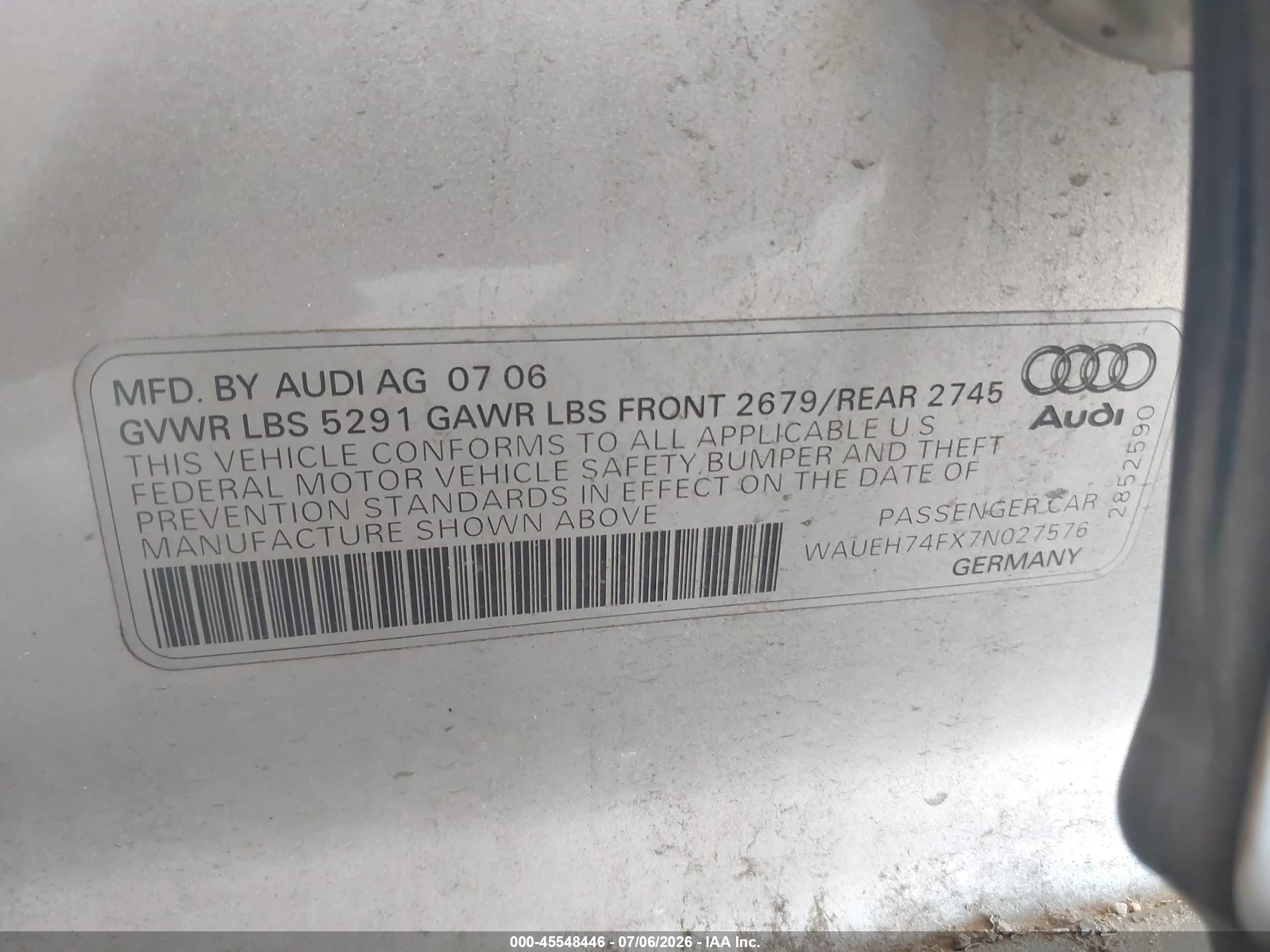 2007 Audi A6 3.2 Gray vin: WAUEH74FX7N027576