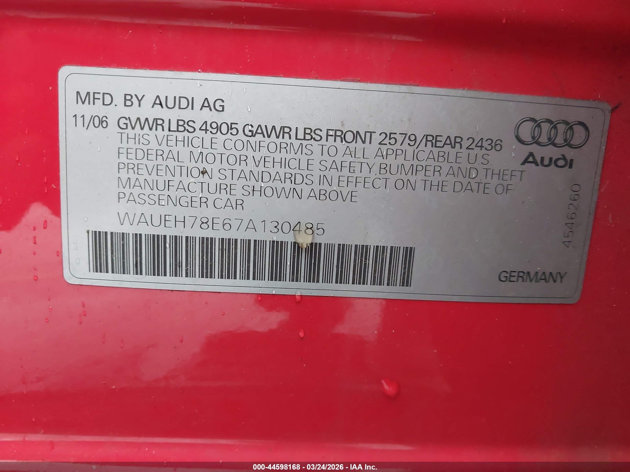 2007 Audi A4 3.2 Red vin: WAUEH78E67A130485