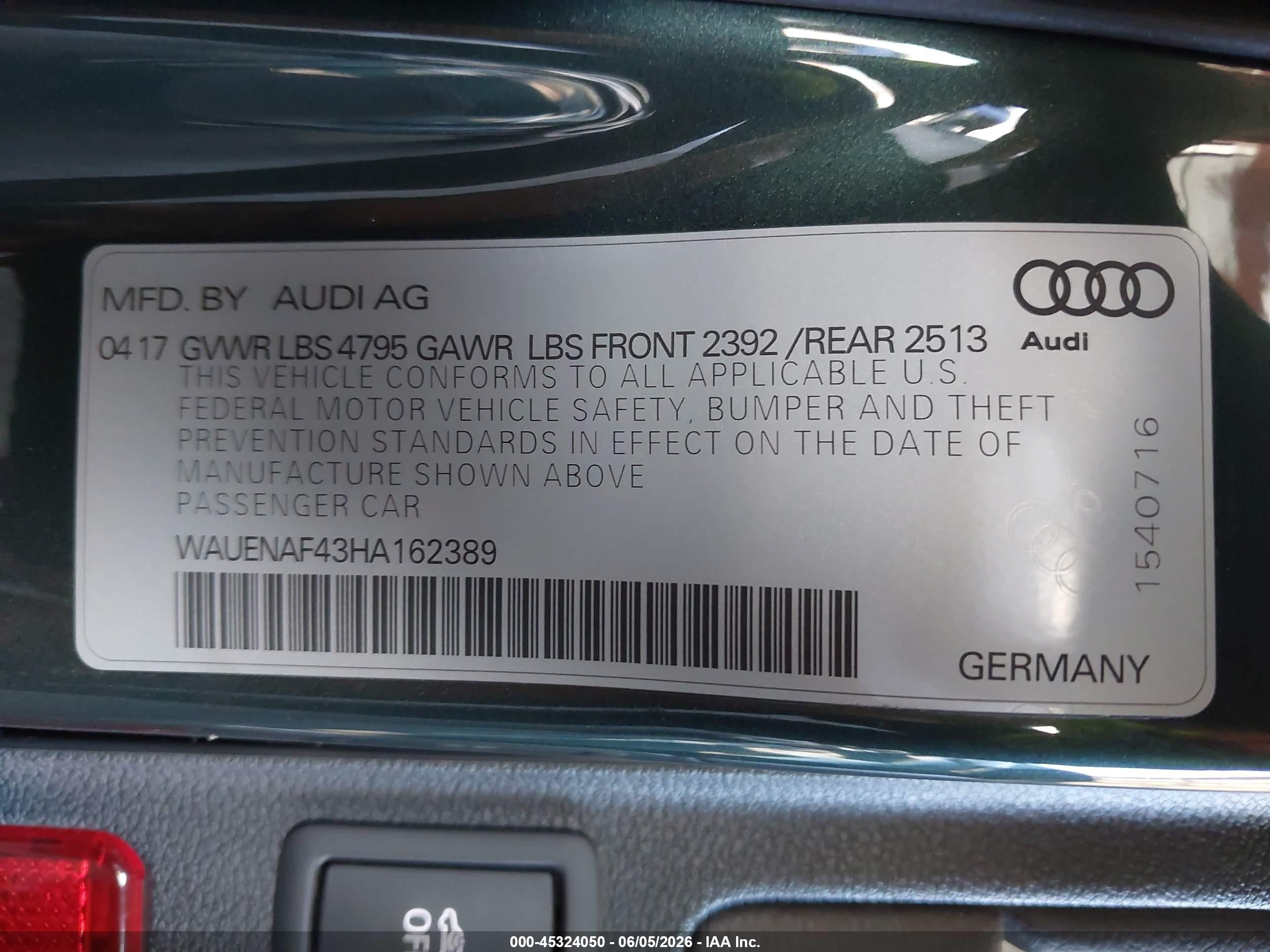 2017 Audi A4 2.0t Premium Green vin: WAUENAF43HA162389