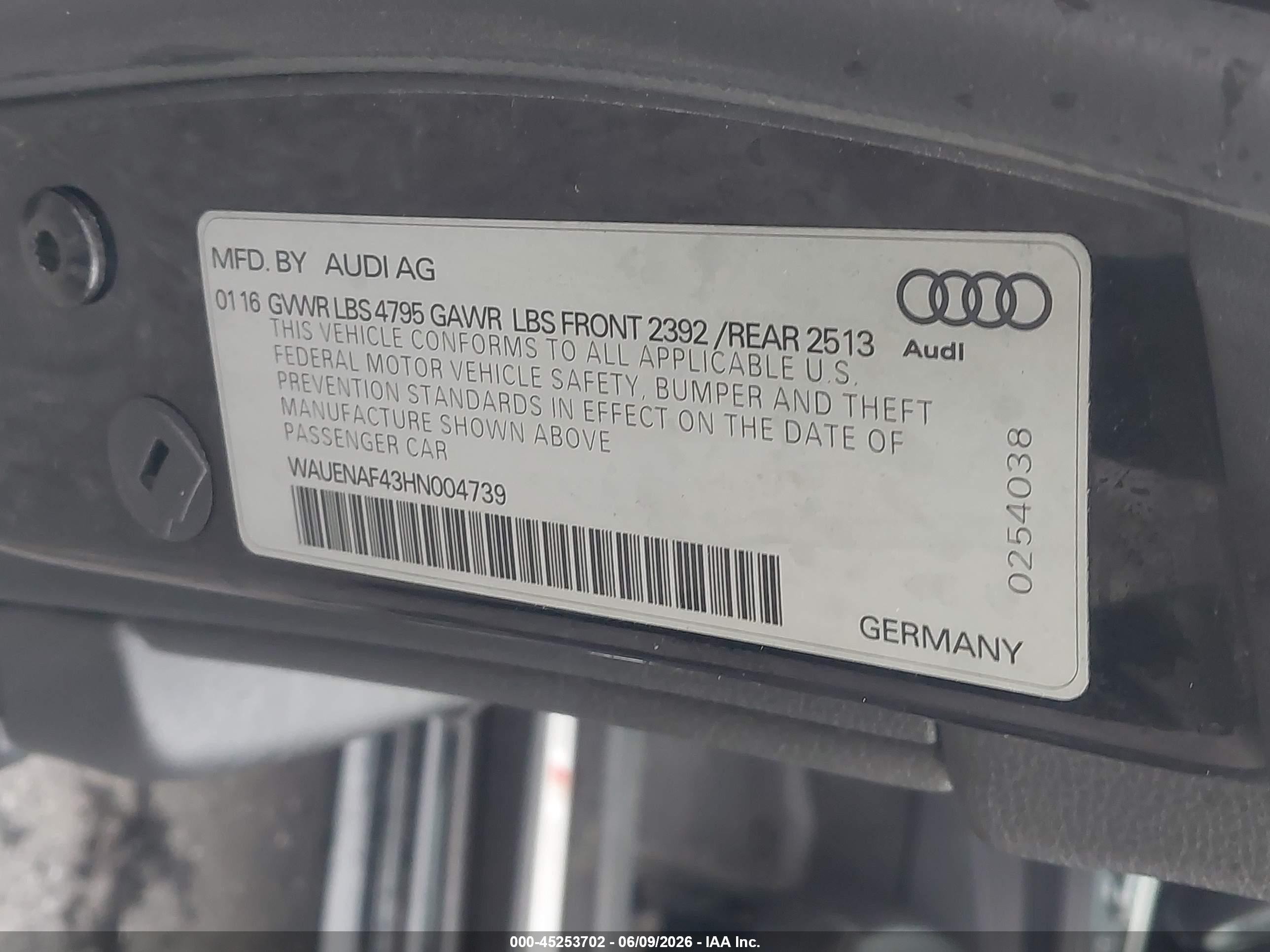2017 Audi A4 2.0t Premium Black vin: WAUENAF43HN004739