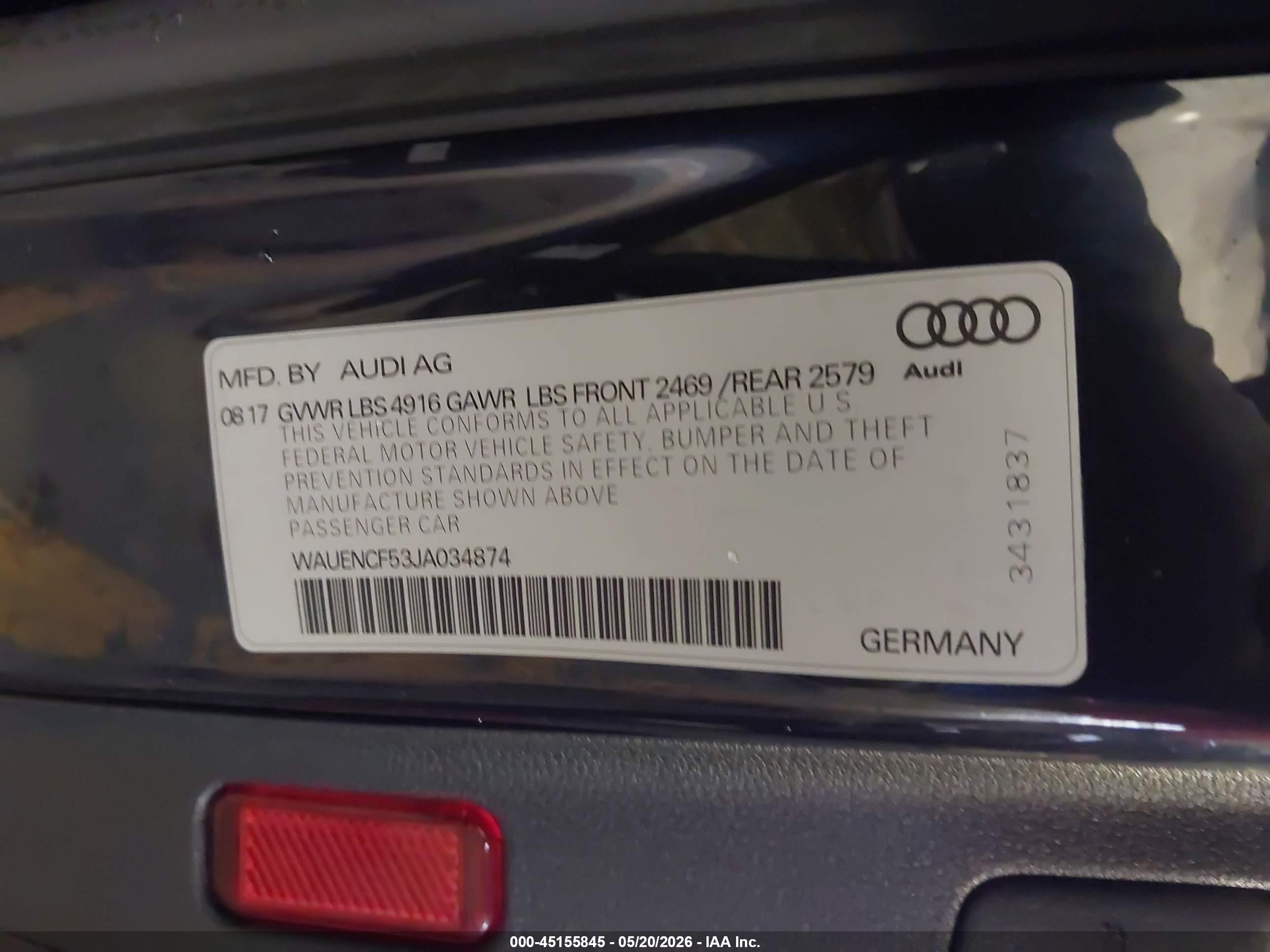 2018 Audi A5 2.0t Premium Blue vin: WAUENCF53JA034874
