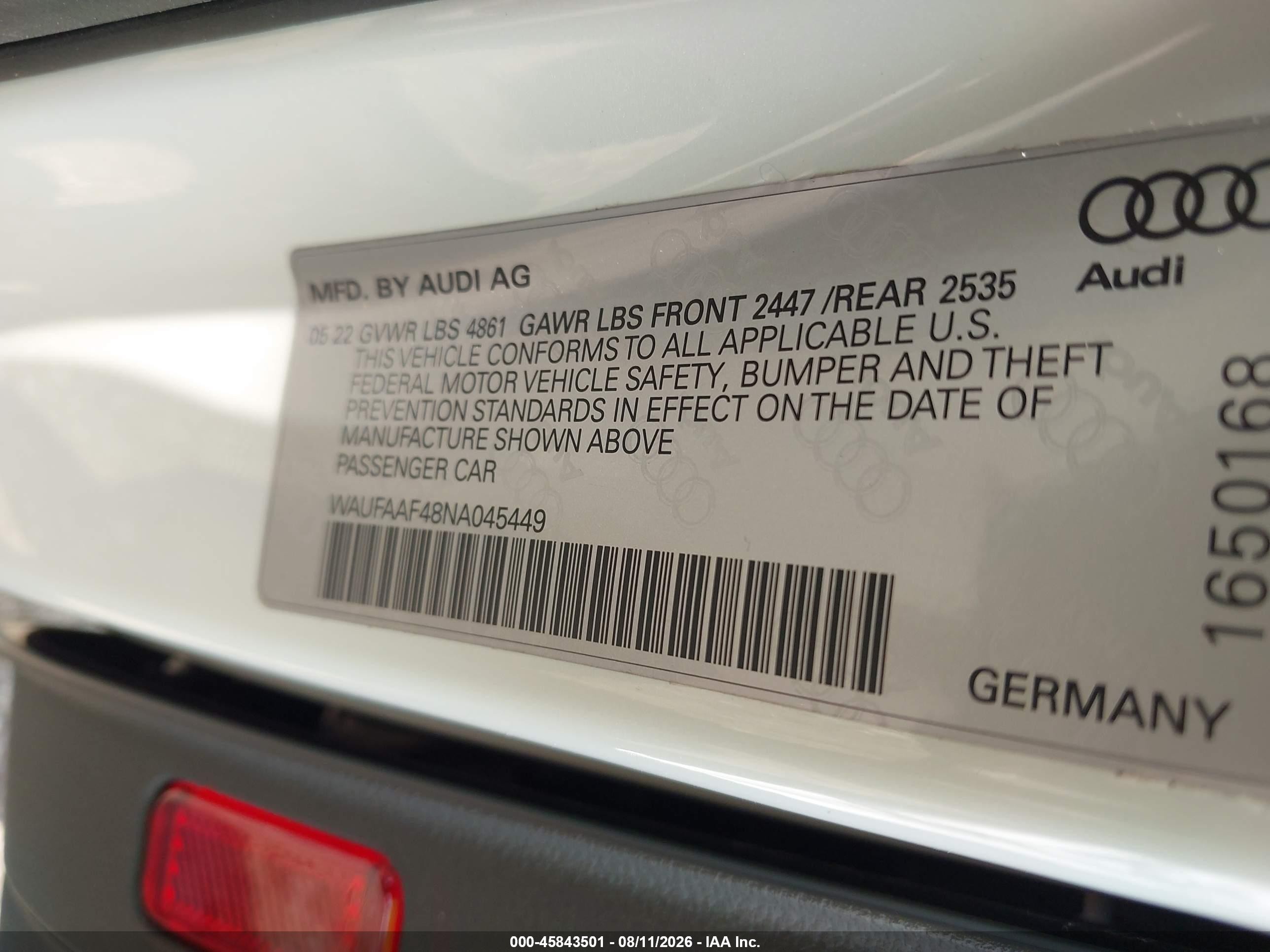 2022 Audi A4 Prestige 45 Tfsi S Line Quattro S Tronic White vin: WAUFAAF48NA045449