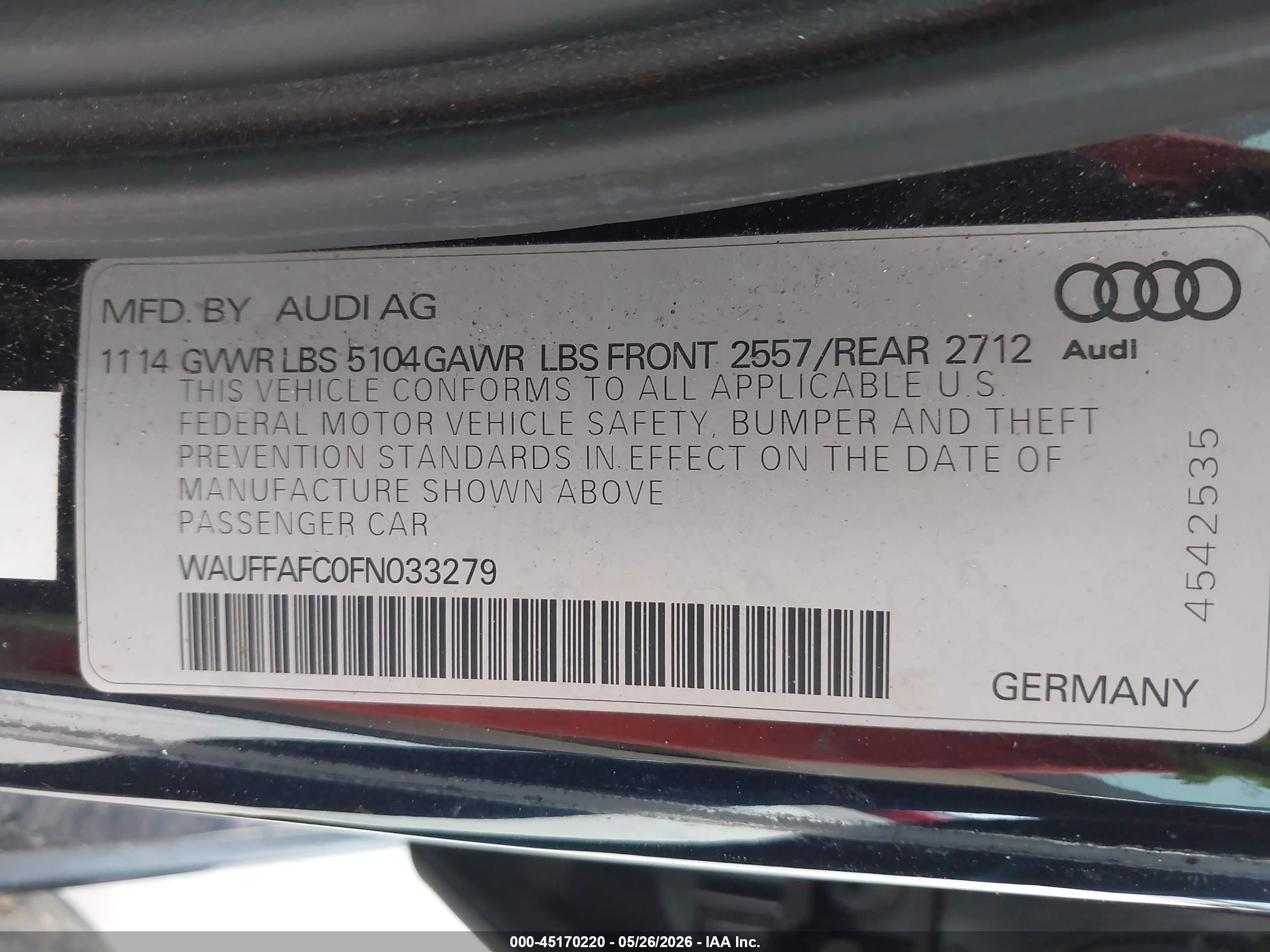 2015 Audi A6 2.0t Premium Dark Blue vin: WAUFFAFC0FN033279
