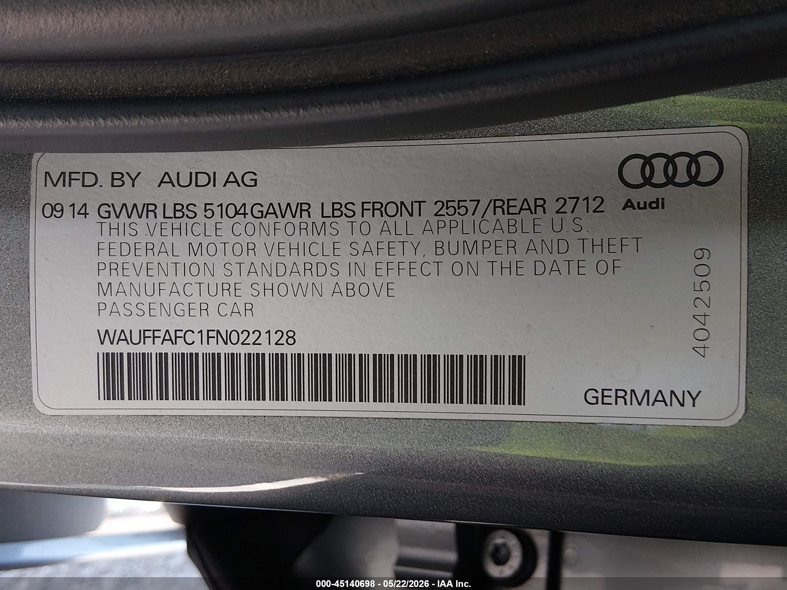 2015 Audi A6 2.0t Premium Серебряный vin: WAUFFAFC1FN022128