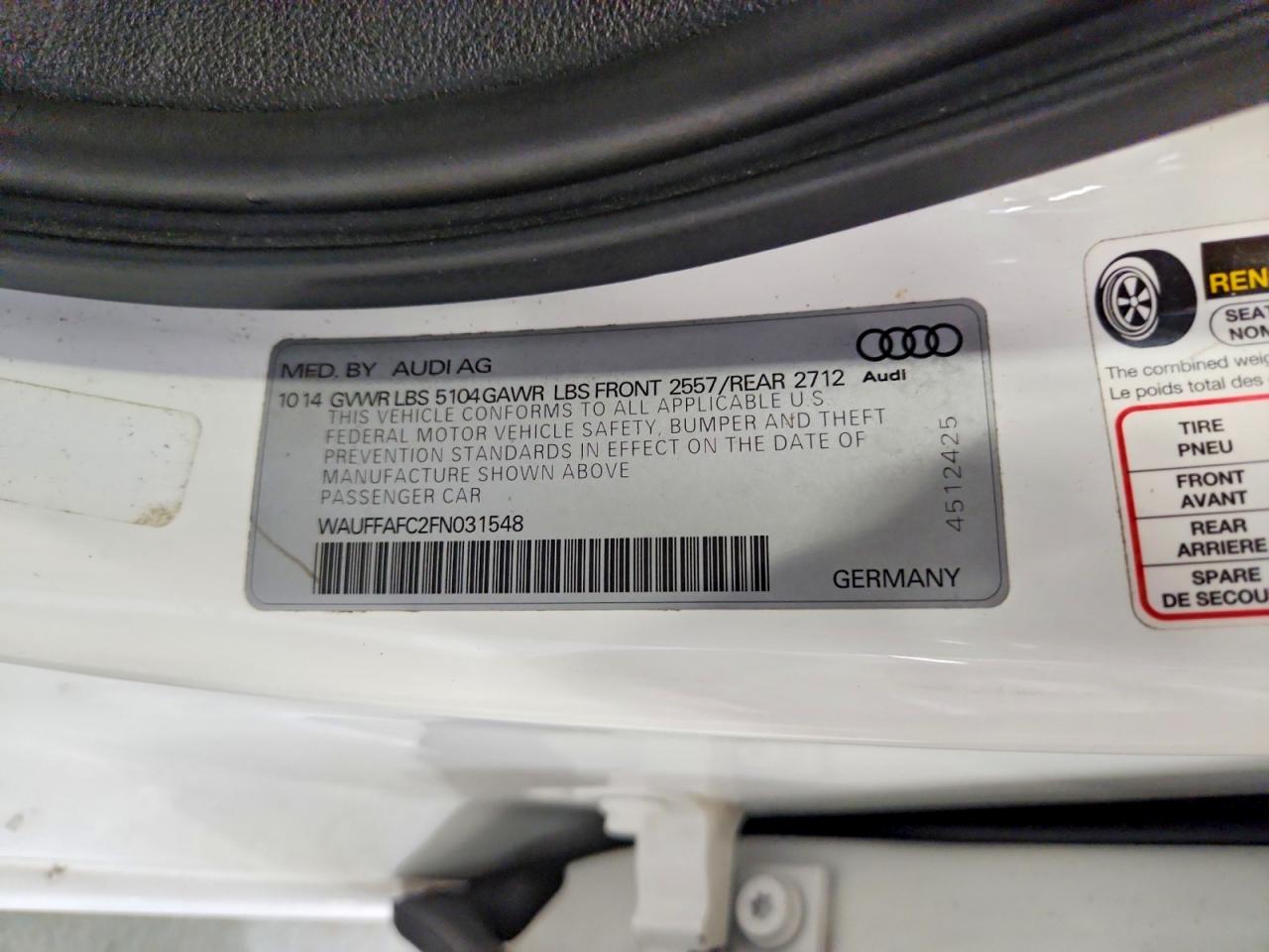 2015 Audi A6 Premium White vin: WAUFFAFC2FN031548
