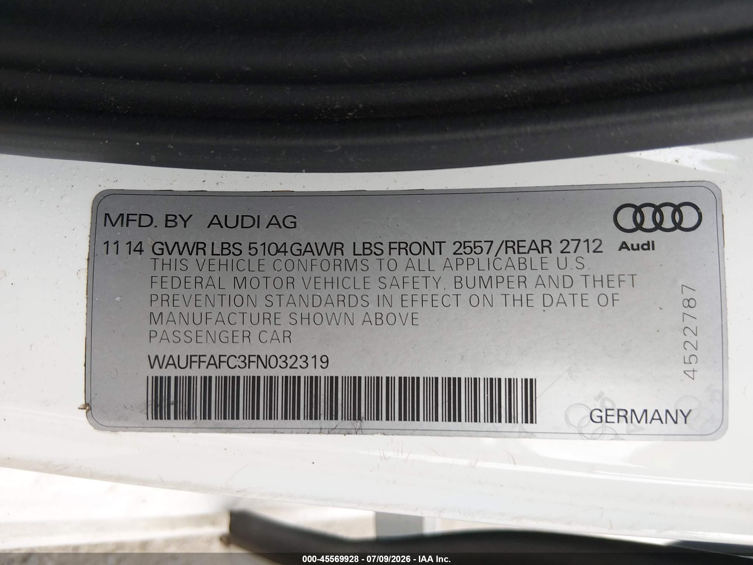 2015 Audi A6 2.0t Premium White vin: WAUFFAFC3FN032319
