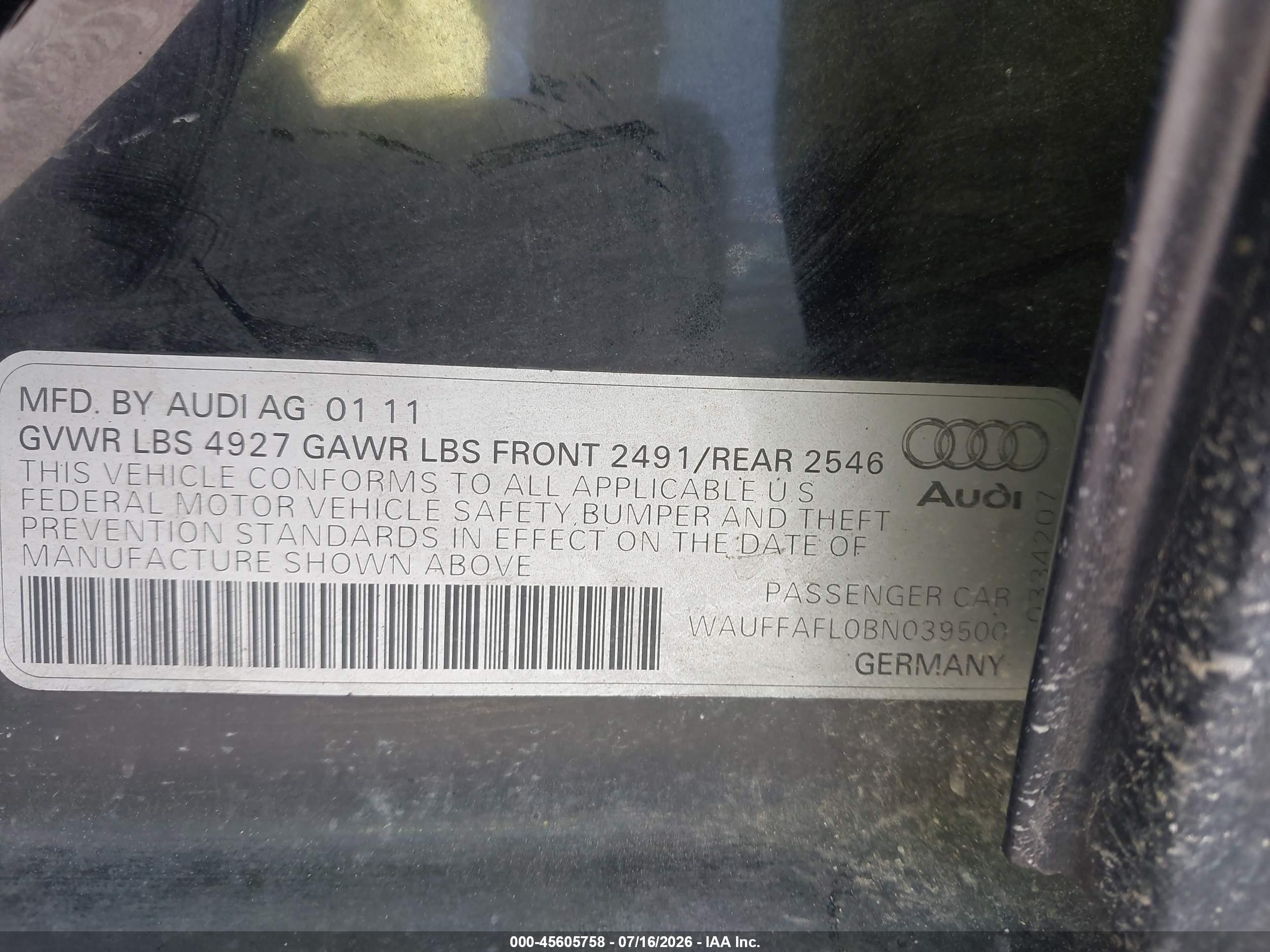 2011 Audi A4 2.0t Premium Black vin: WAUFFAFL0BN039500
