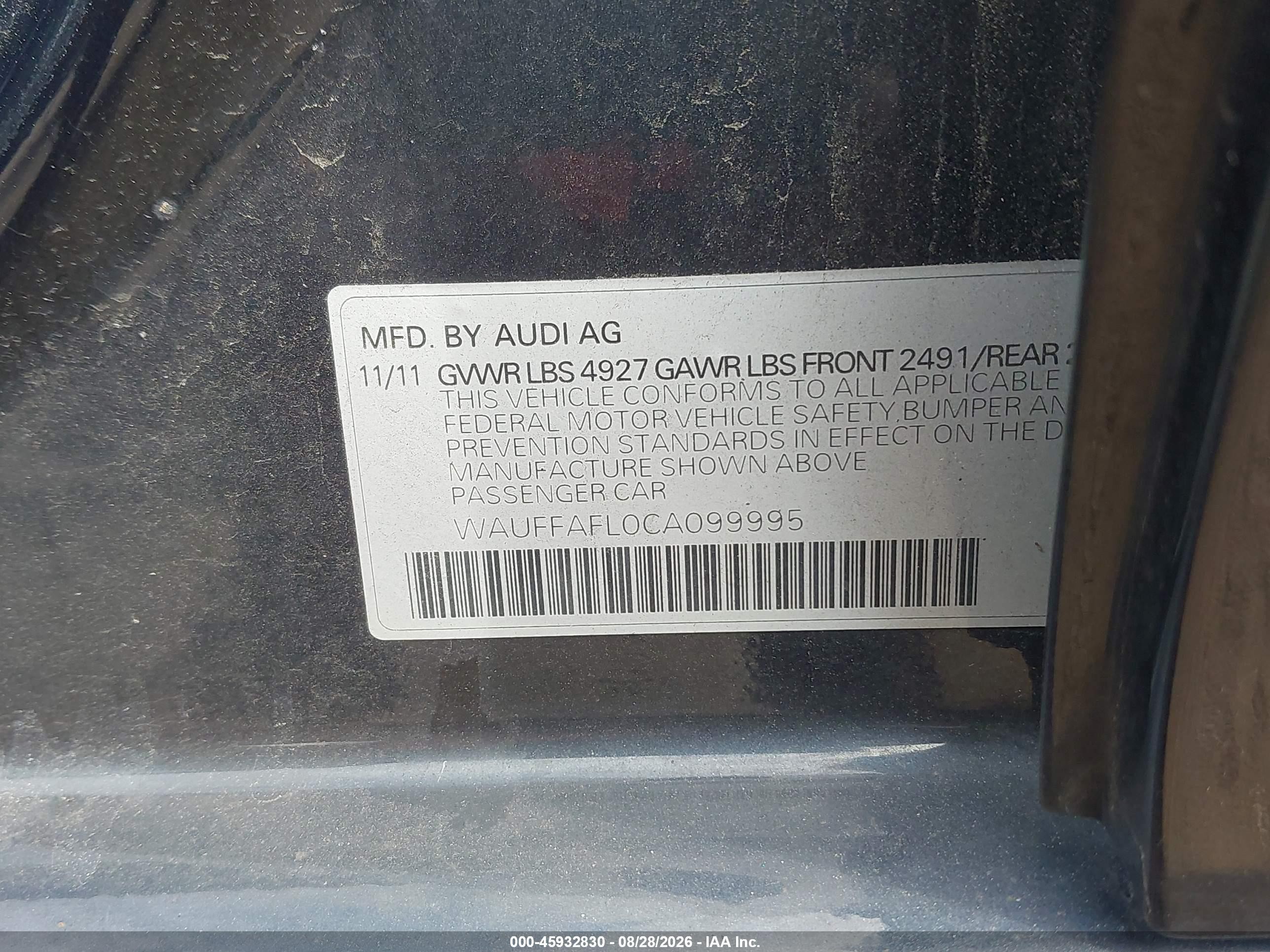 2012 Audi A4 2.0t Premium Plus Черный vin: WAUFFAFL0CA099995