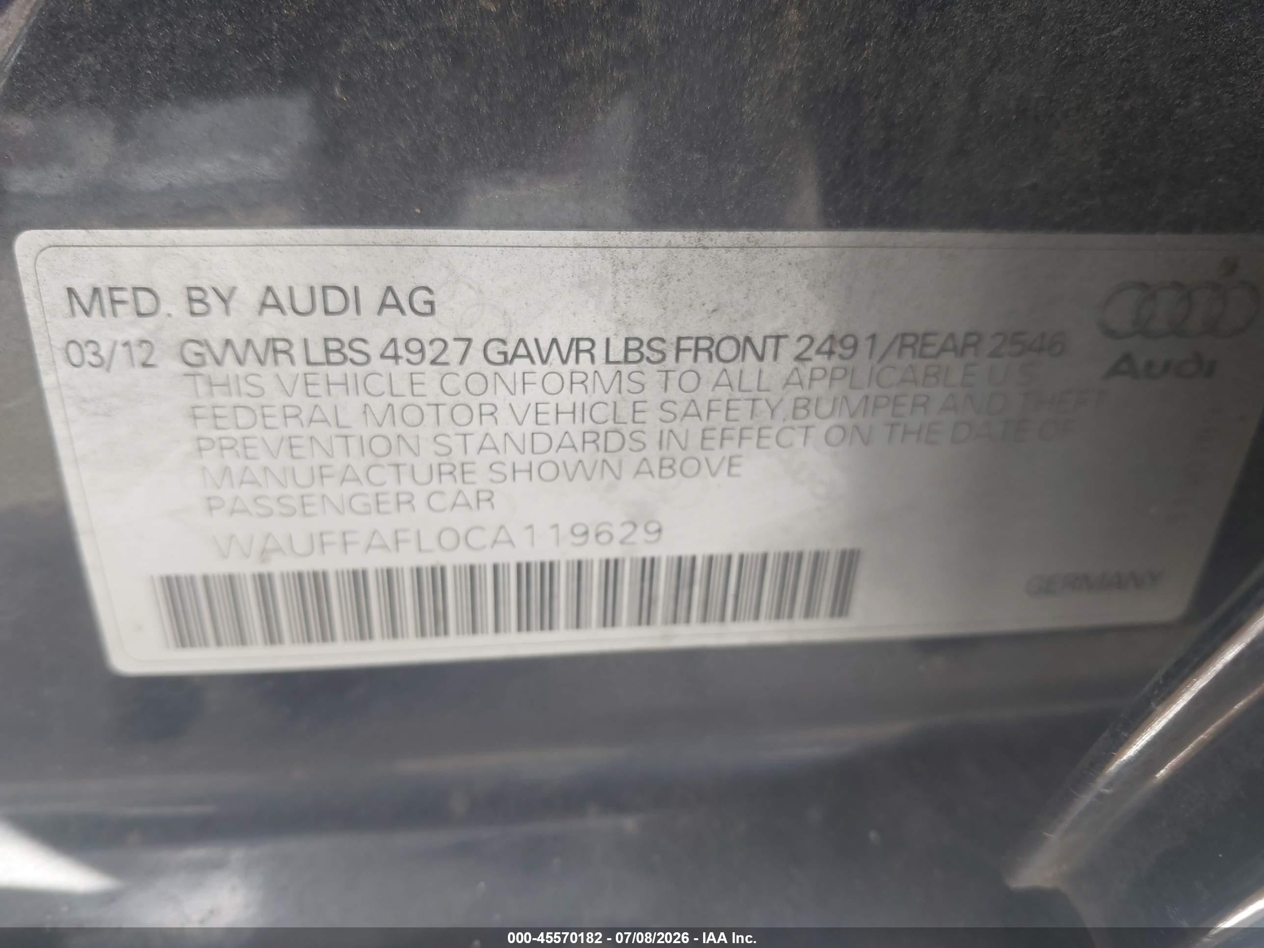 2012 Audi A4 2.0t Premium Plus Dark Blue vin: WAUFFAFL0CA119629