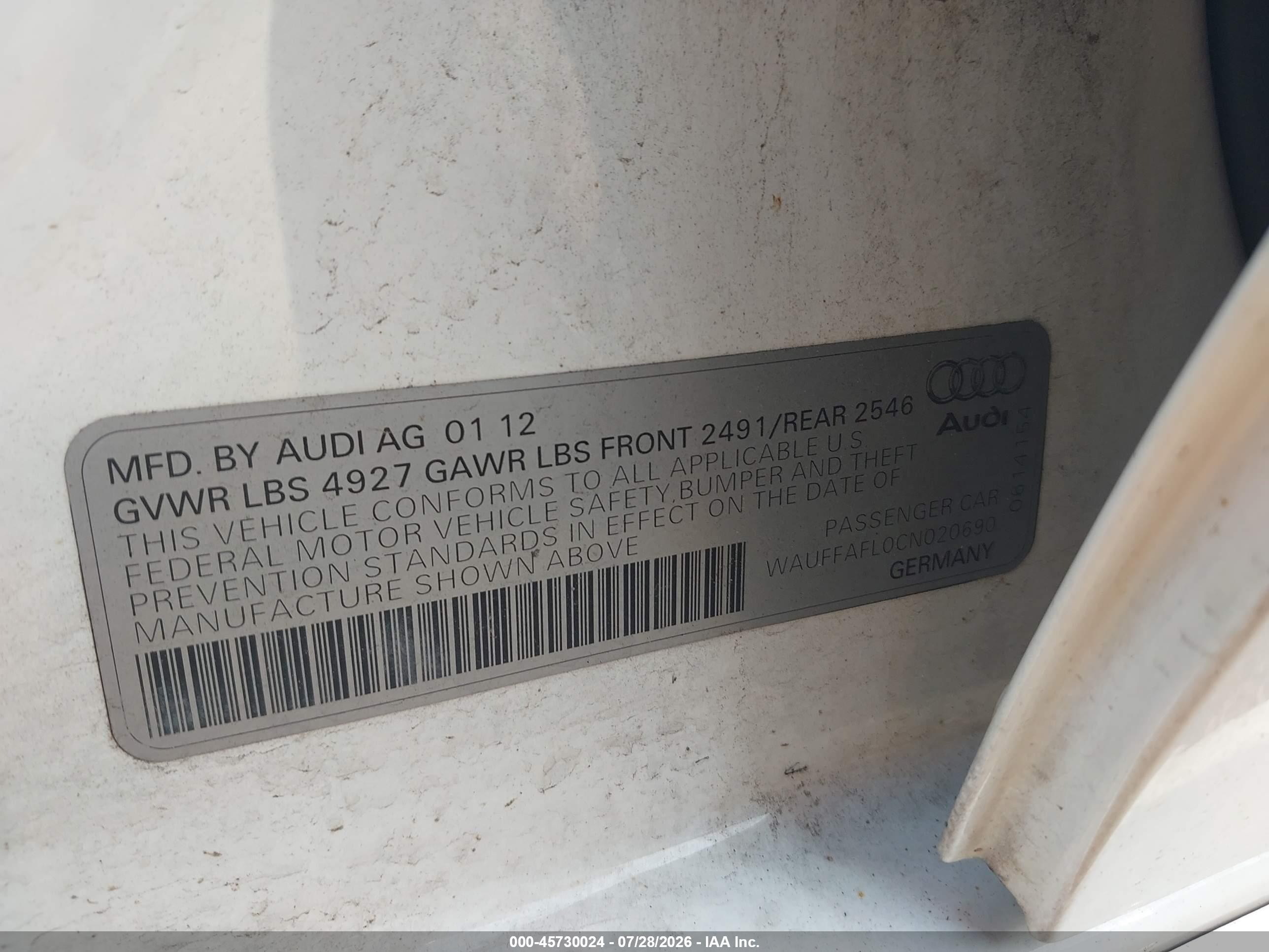 2012 Audi A4 2.0t Premium Plus White vin: WAUFFAFL0CN020690