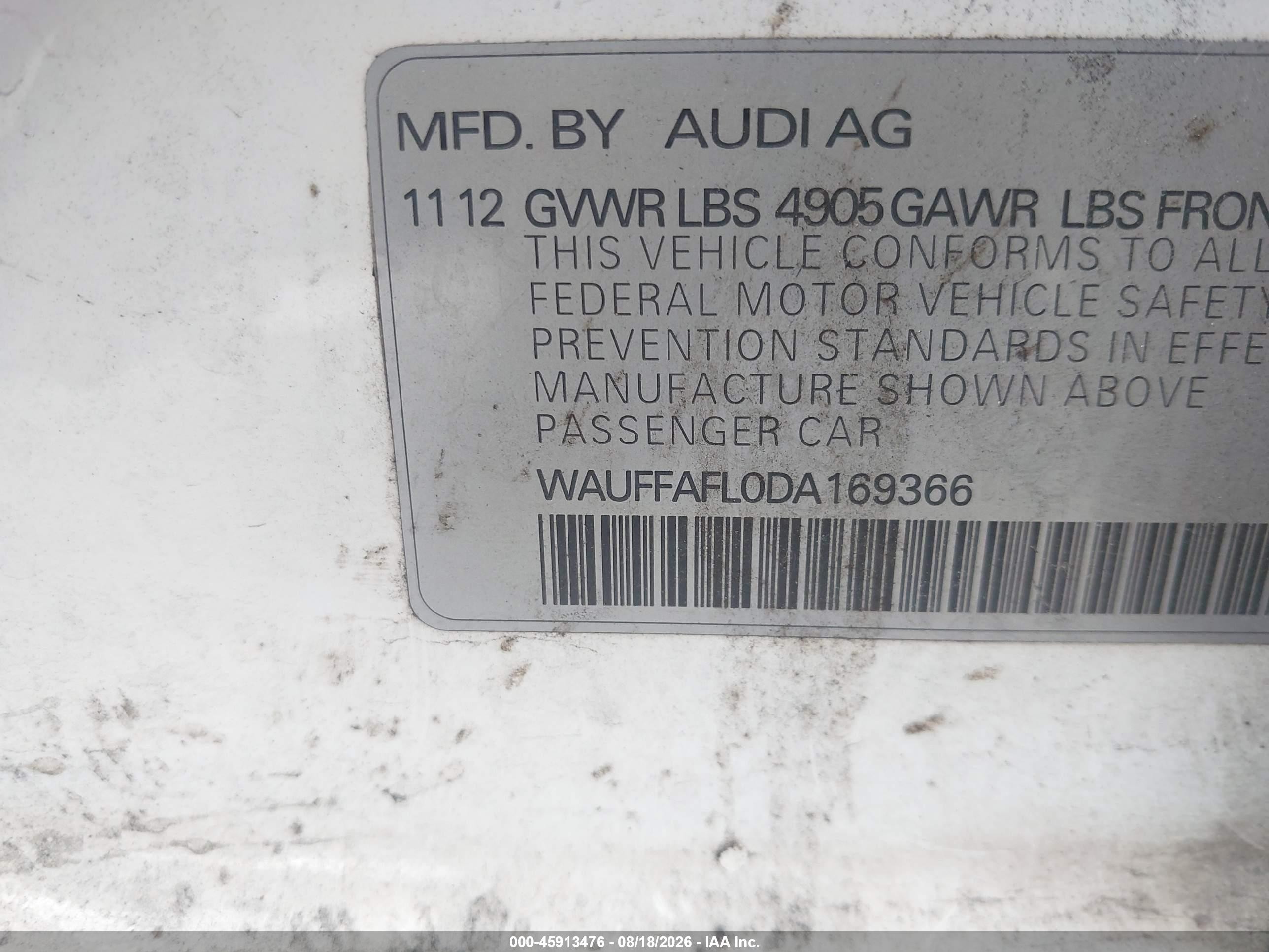 2013 Audi A4 2.0t Premium White vin: WAUFFAFL0DA169366