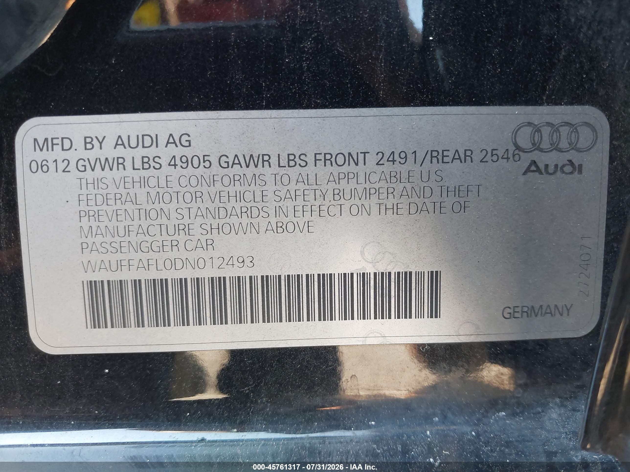 2013 Audi A4 2.0t Premium Black vin: WAUFFAFL0DN012493