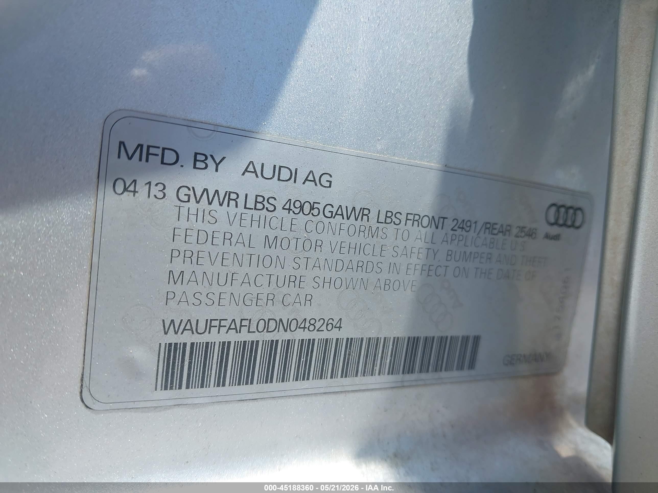 2013 Audi A4 2.0t Premium Silver vin: WAUFFAFL0DN048264