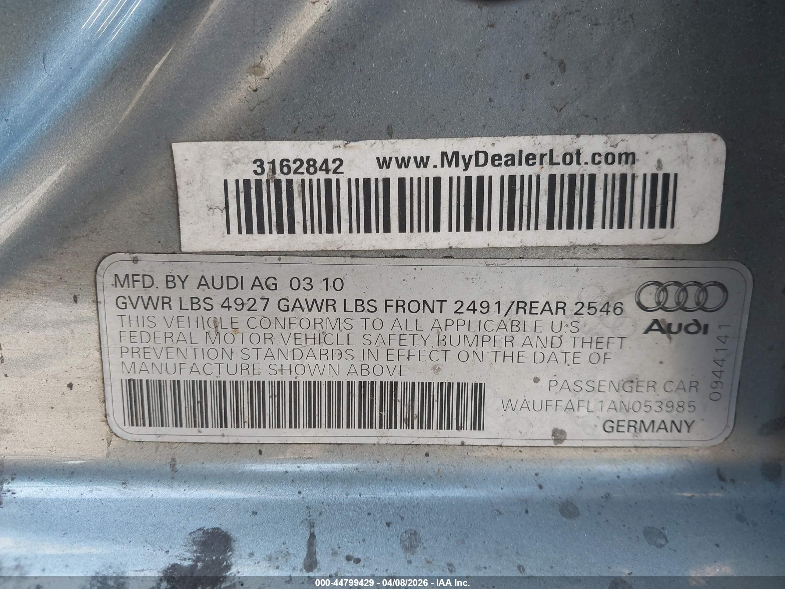 2010 Audi A4 2.0t Premium Silver vin: WAUFFAFL1AN053985