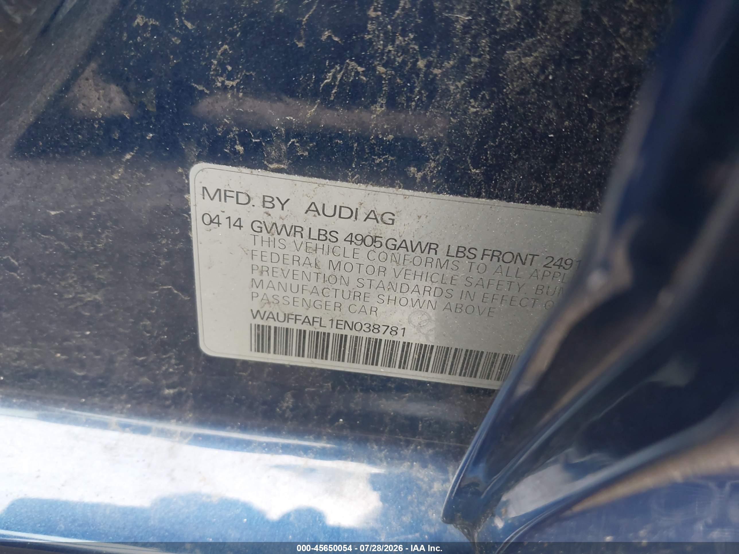 2014 Audi A4 2.0t Premium Blue vin: WAUFFAFL1EN038781