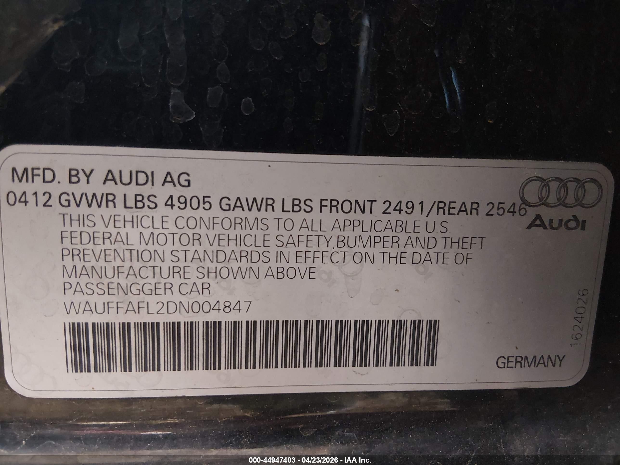 2013 Audi A4 2.0t Premium Black vin: WAUFFAFL2DN004847