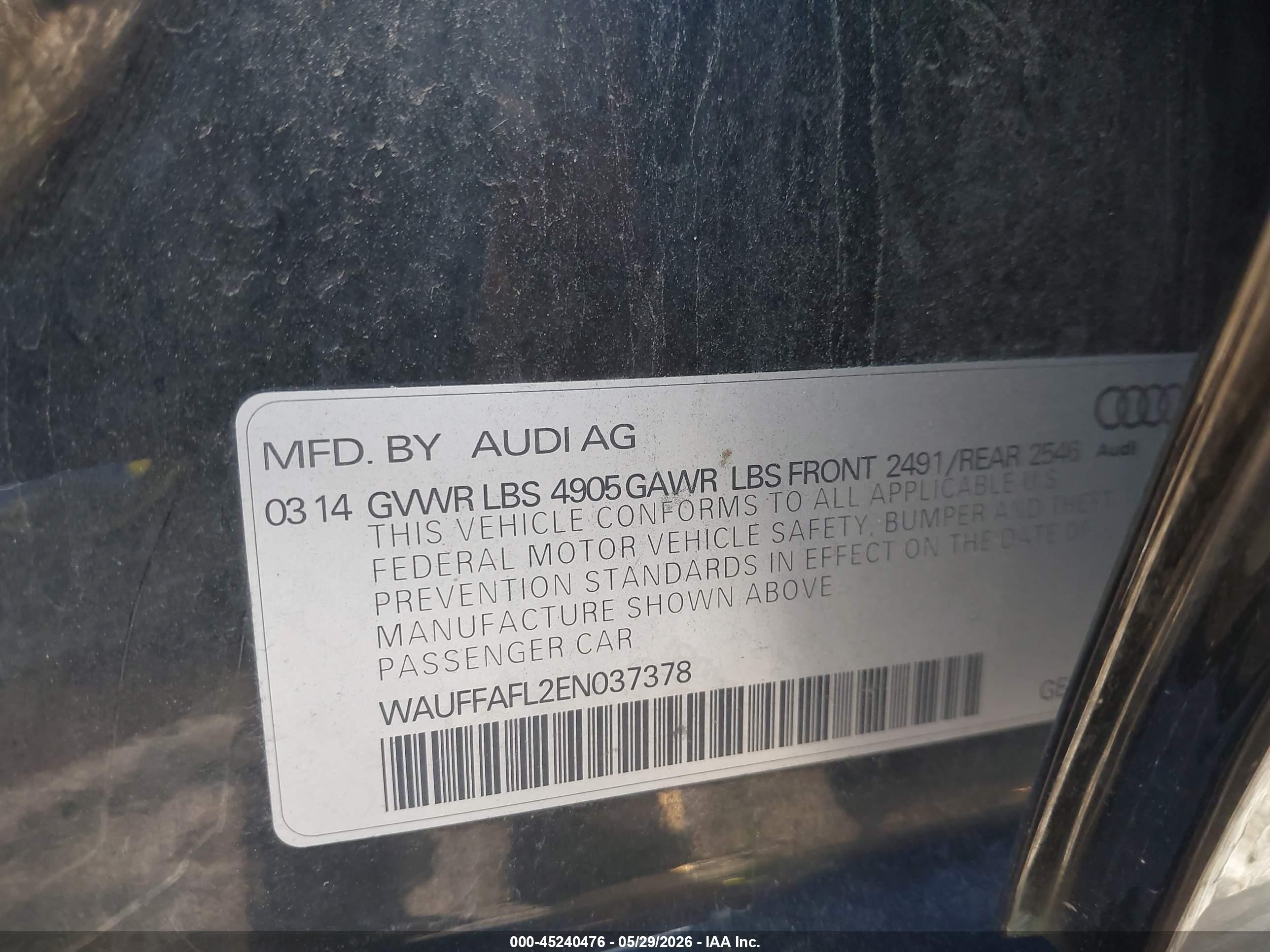 2014 Audi A4 2.0t Premium Black vin: WAUFFAFL2EN037378