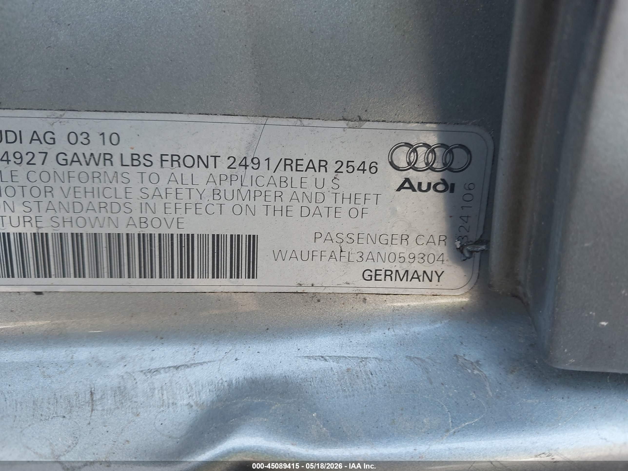 2010 Audi A4 2.0t Premium Silver vin: WAUFFAFL3AN059304
