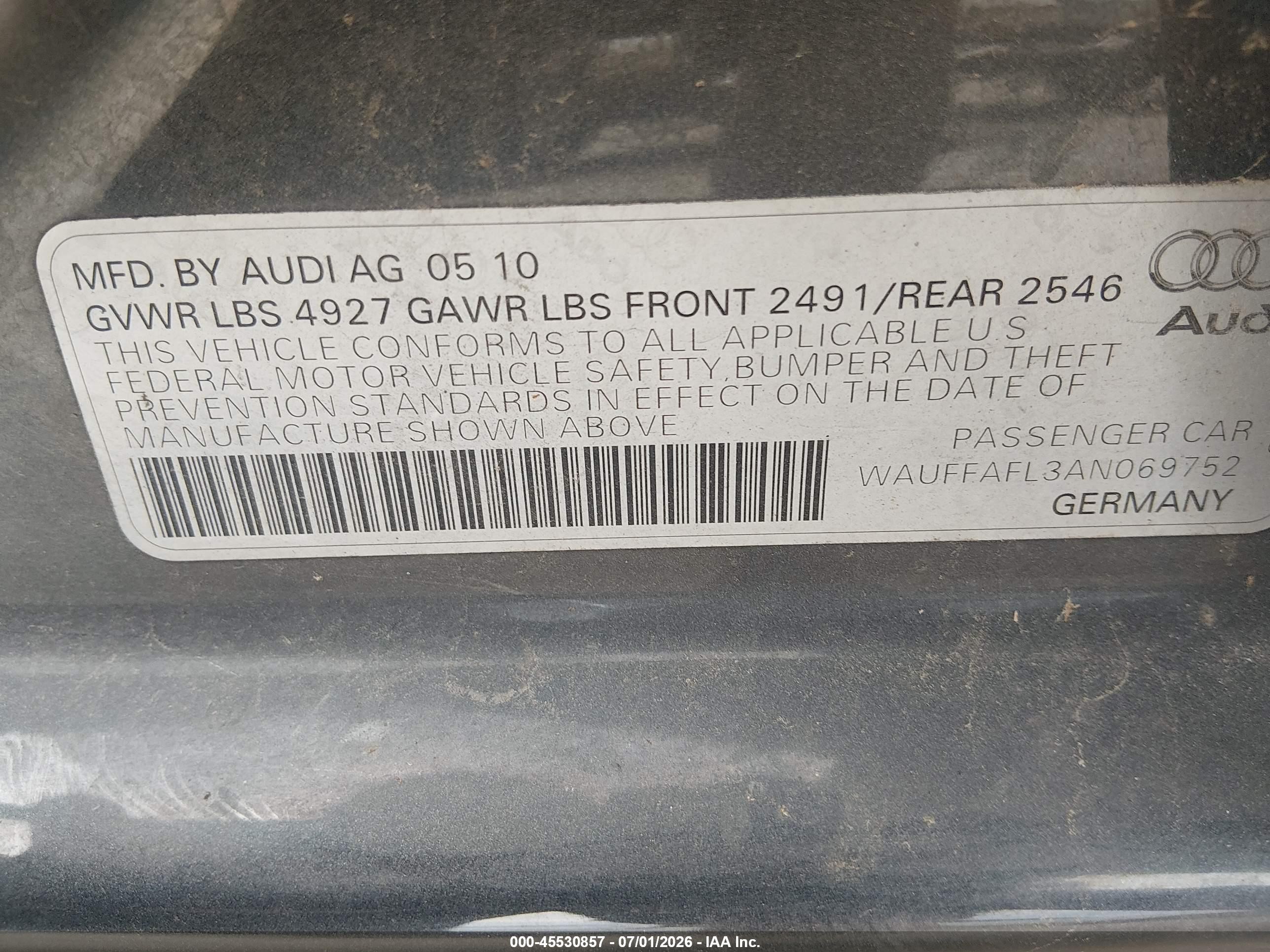 2010 Audi A4 2.0t Premium Gray vin: WAUFFAFL3AN069752