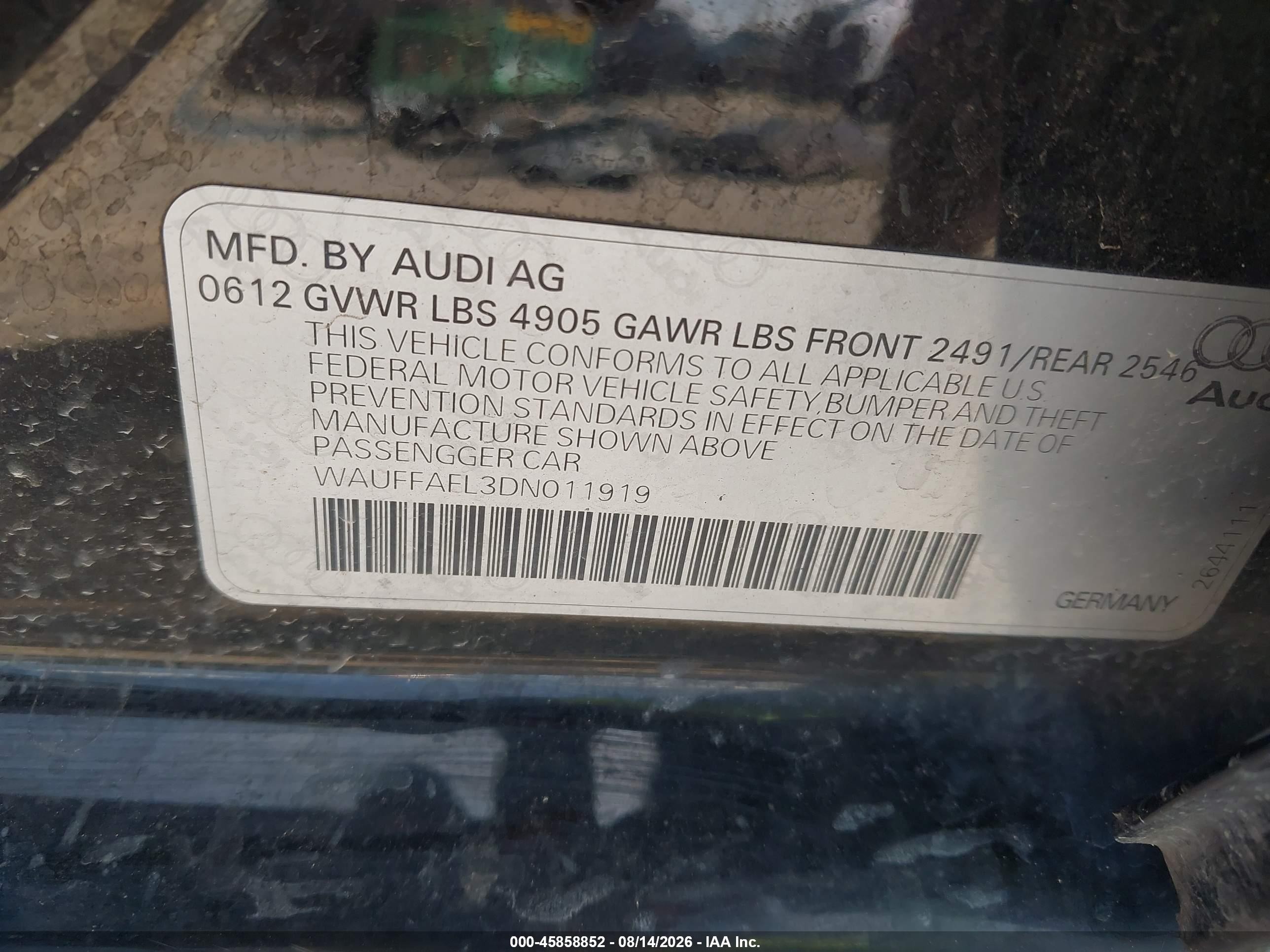 2013 Audi A4 2.0t Premium Black vin: WAUFFAFL3DN011919