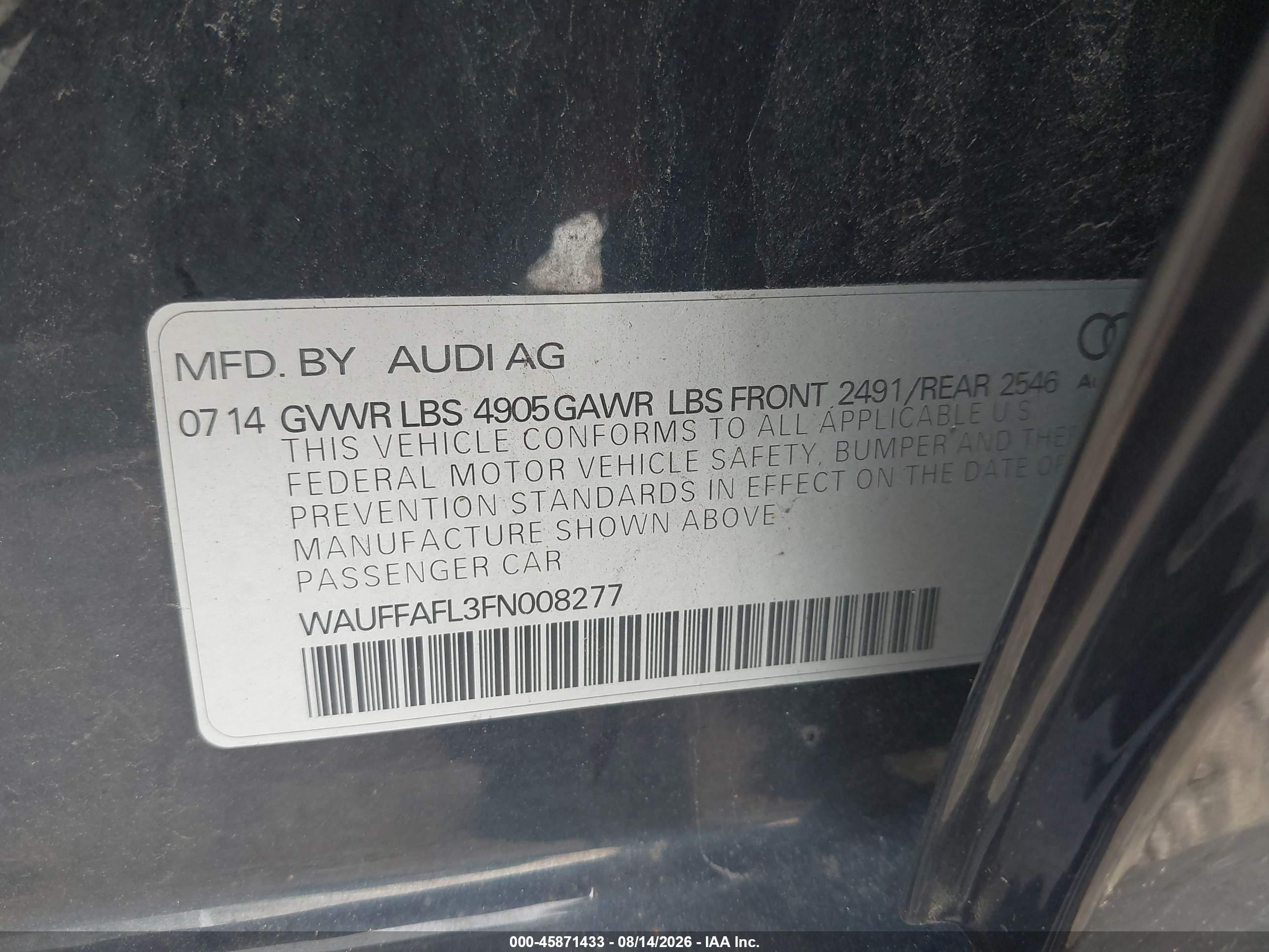 2015 Audi A4 2.0t Premium Black vin: WAUFFAFL3FN008277