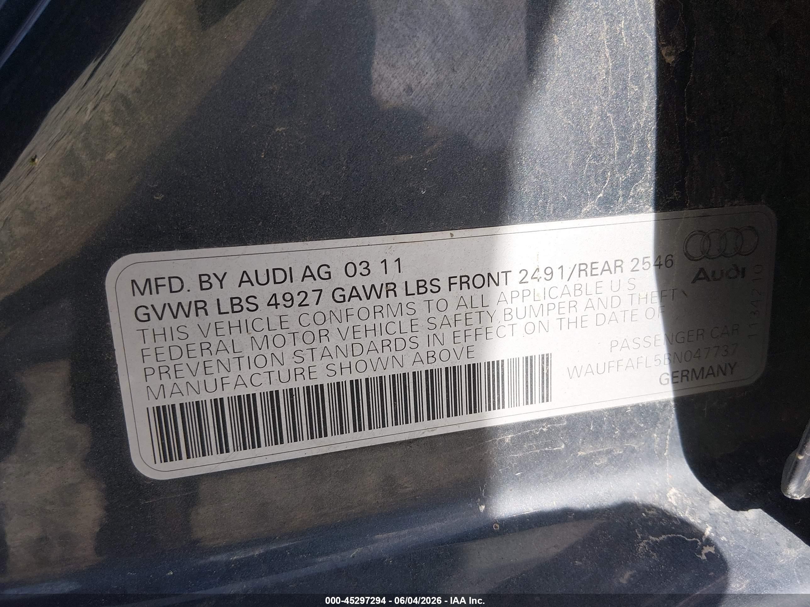 2011 Audi A4 2.0t Premium Light Blue vin: WAUFFAFL5BN047737