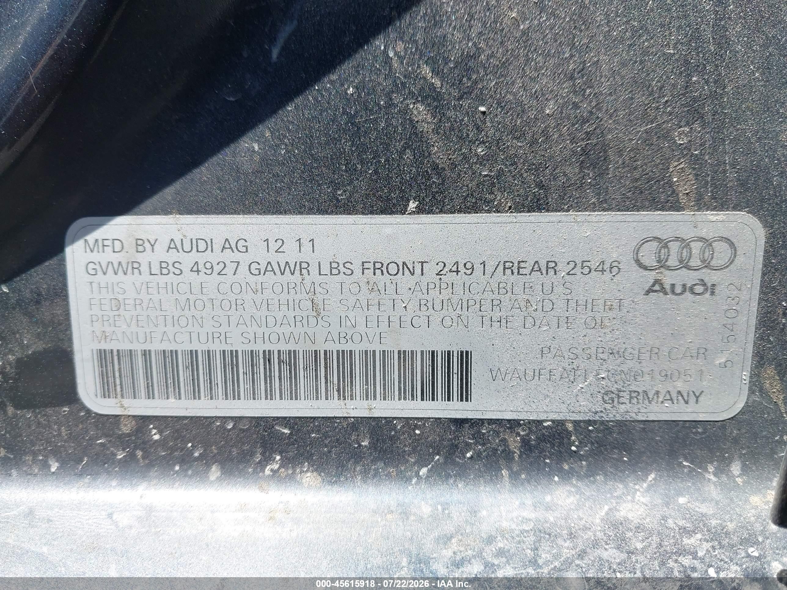 2012 Audi A4 2.0t Premium Plus Blue vin: WAUFFAFL5CN019051