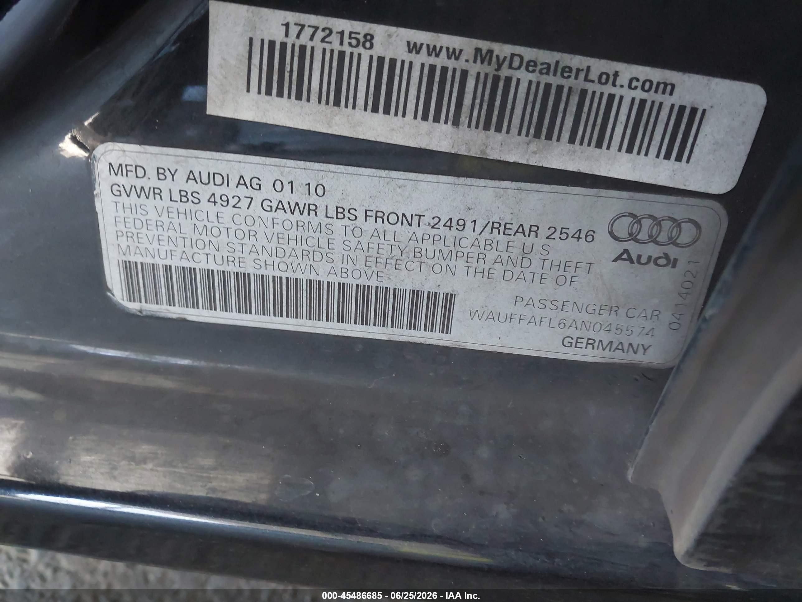 2010 Audi A4 2.0t Premium Black vin: WAUFFAFL6AN045574